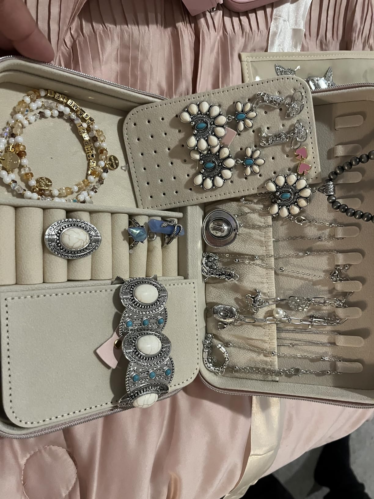 Lolalet Travel Jewelry Case for Women Girls, Travel Jewelry Organizer Box with Mirror & Clear Storage Bag, Small Portable Earring Necklace Bracelet Ring Case, Birthday Valentine Gifts - Medium, White customer photo 1