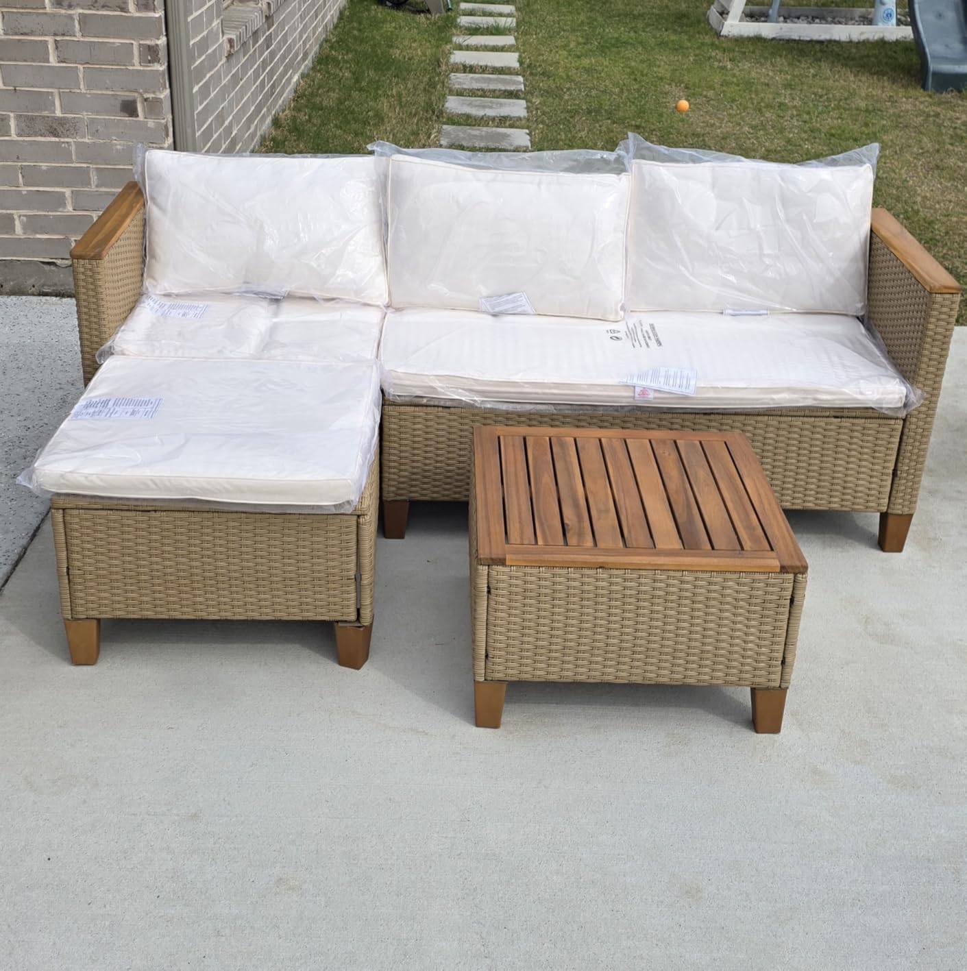 HERA'S HOUSE Small Patio Furniture Set, 3 Pieces Wicker Outdoor Sectional Sets, Yellow Rattan Conversation Set with Sofa and Coffee Table for Garden and Backyard, l Shape Boho Balcony Couch Sets customer photo 1
