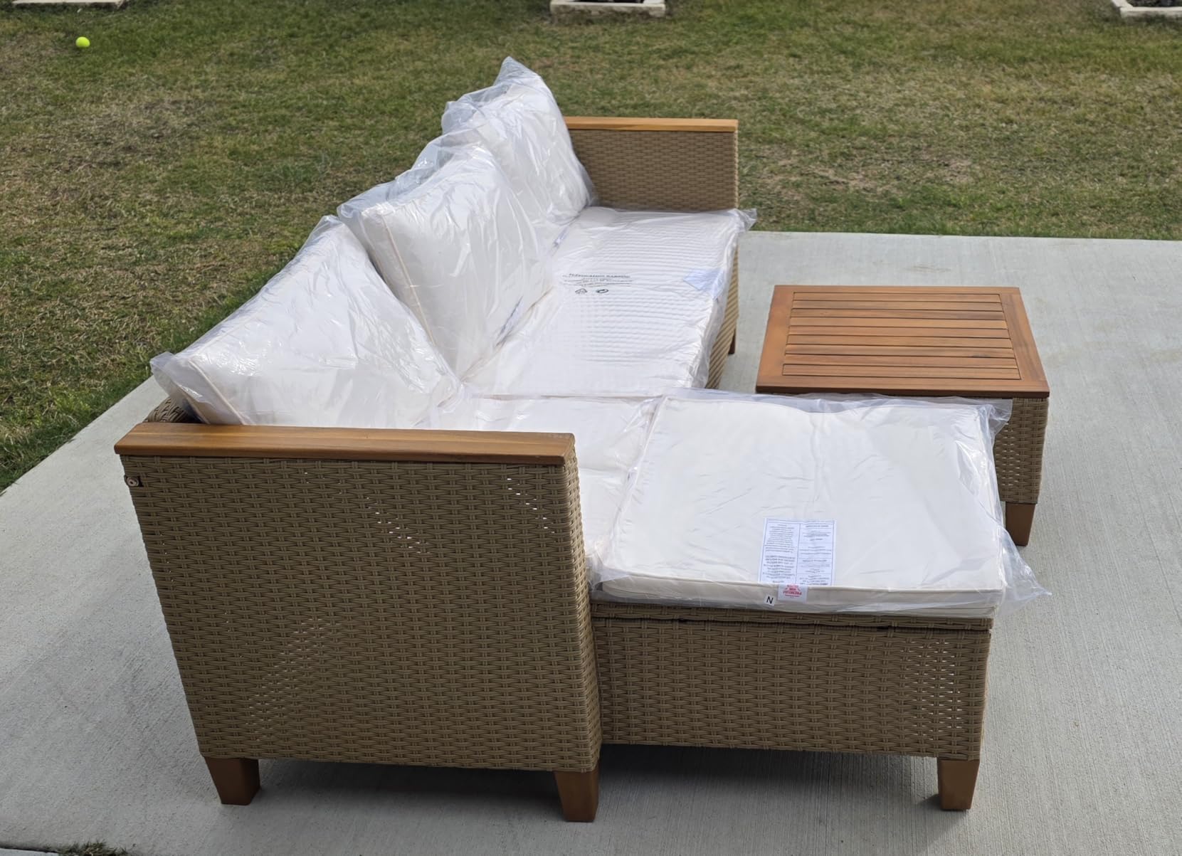 HERA'S HOUSE Small Patio Furniture Set, 3 Pieces Wicker Outdoor Sectional Sets, Yellow Rattan Conversation Set with Sofa and Coffee Table for Garden and Backyard, l Shape Boho Balcony Couch Sets customer photo 2