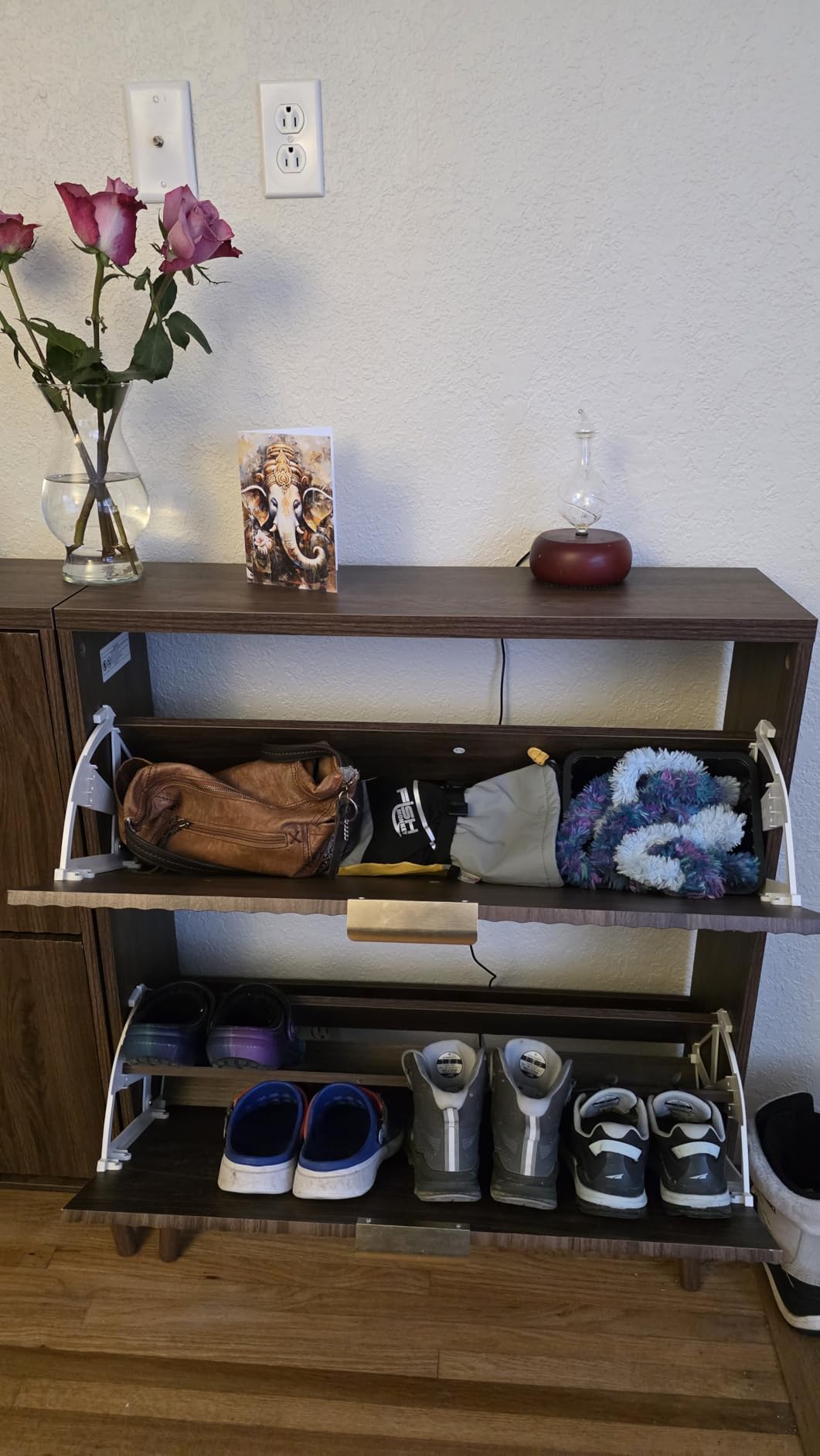 Shoe Cabinet Storage,Modern Freestanding Organizer with 2 Flip Drawers,Narrow Shoe Rack Cabinet for Entryway,Walnut customer photo 1