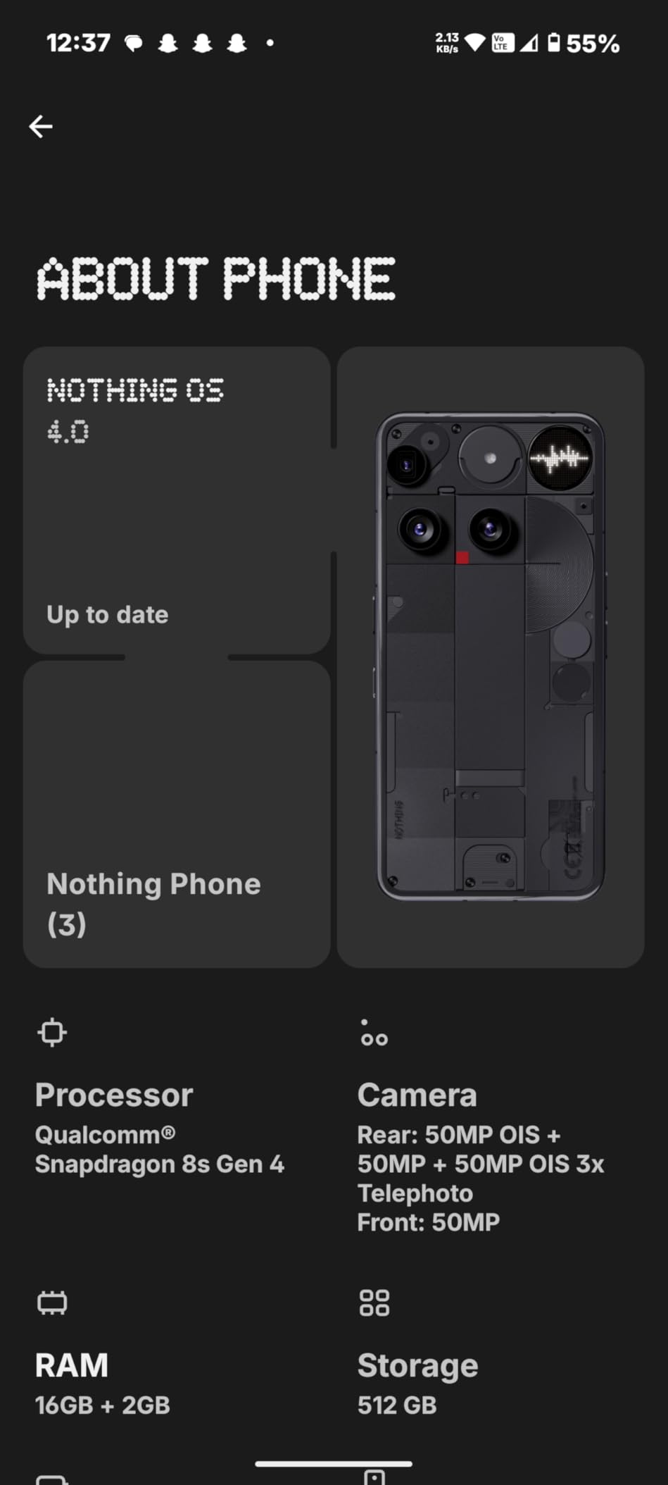 Nothing Phone (3) Cell Phone, 5G Unlocked Phones 512GB, Android 15, Snapdragon 8s Gen4, AI Mobile Phones with Four 50MP Cameras & AMOLED Display, 5150mAh, Glyph Interface, Smartphone Black customer photo 2
