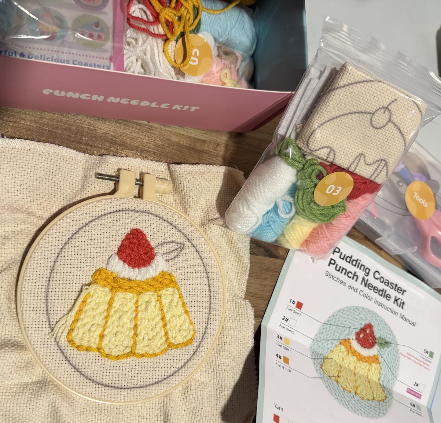punch needle kit-6, embroidery kit for beginners, punch needle kits adults beginner, needles, curved scissors, a tool storage box, yarn, easy-to-follow instructions, and tutorial videos - Fruit Dessert customer photo 1