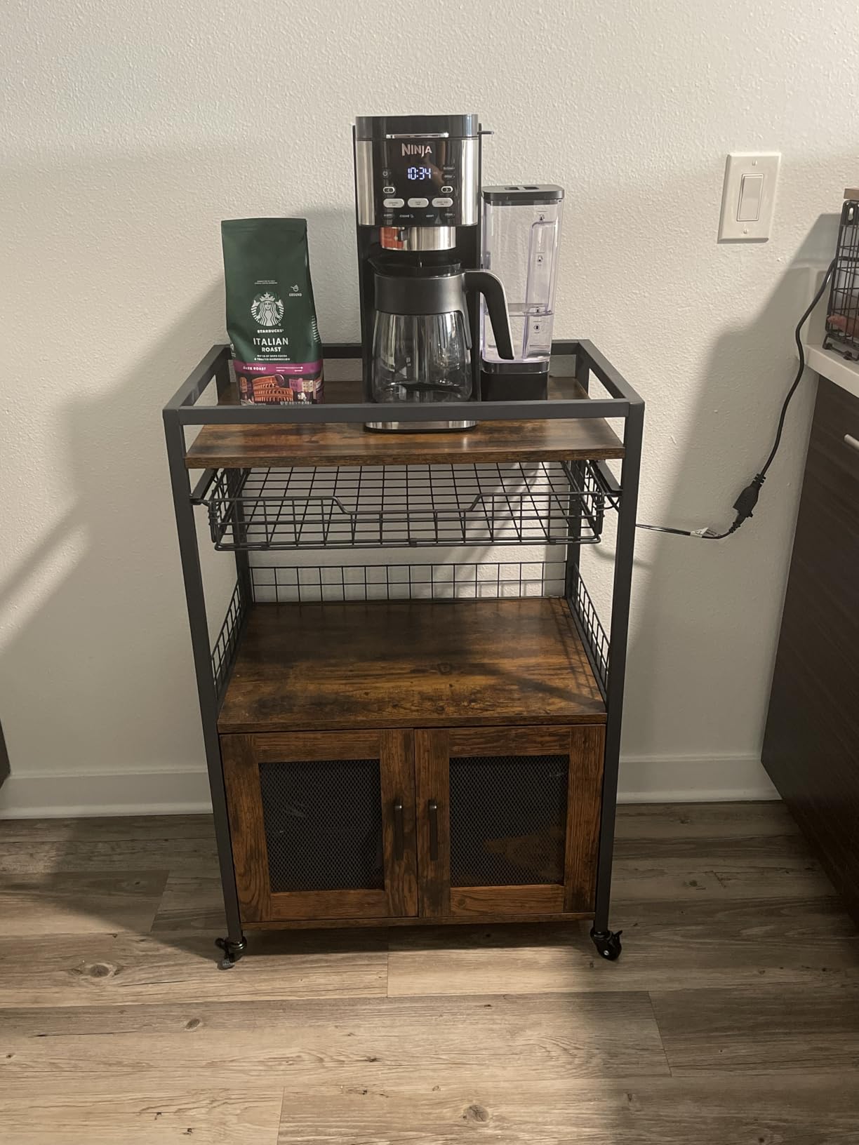 3 Tier Rolling Coffee Cart with 2-Door & Pull-Out Wire Basket Drawer, Movable Coffee Bar Cabinet on Lockable Casters, 32.7