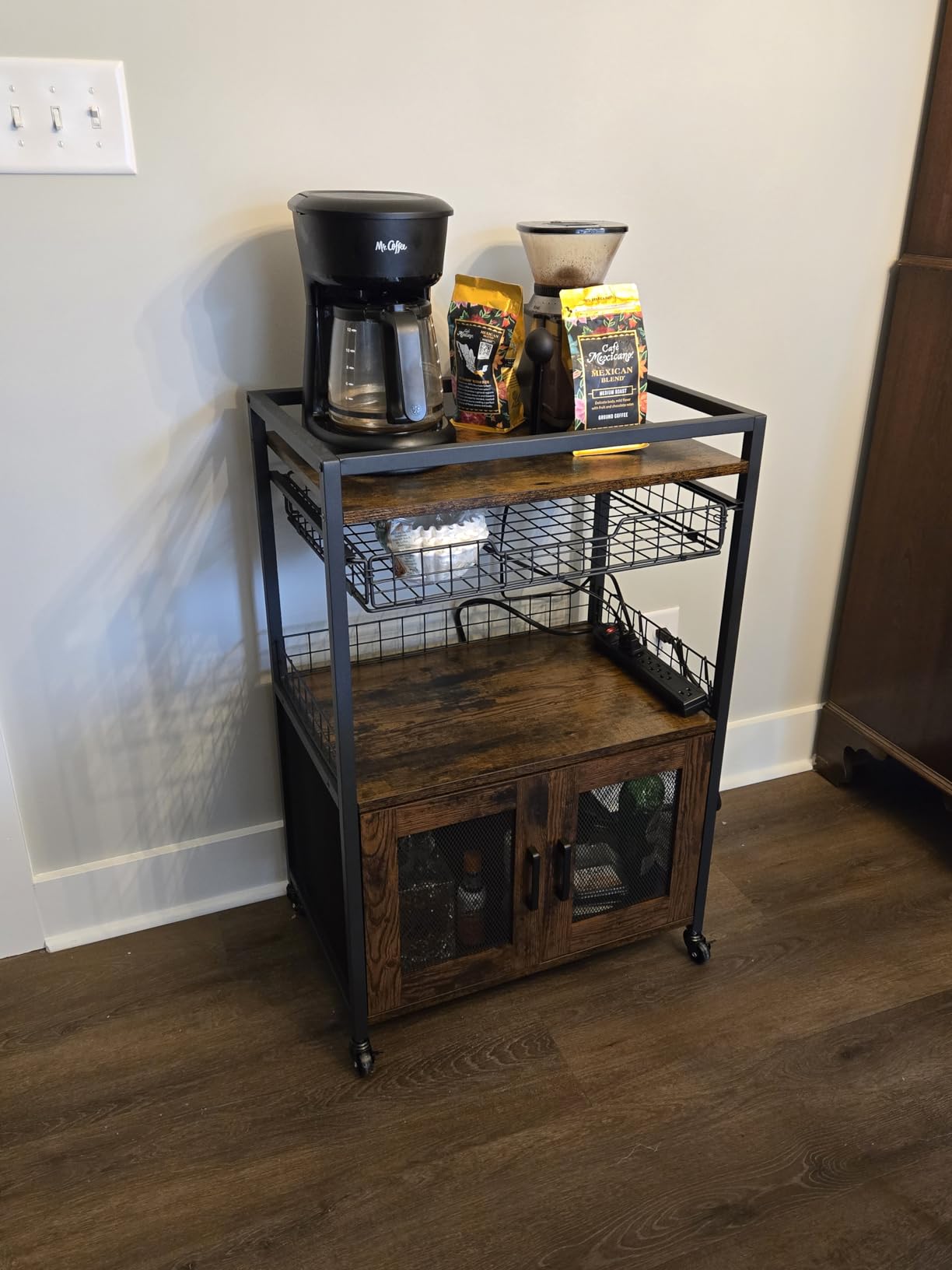 3 Tier Rolling Coffee Cart with 2-Door & Pull-Out Wire Basket Drawer, Movable Coffee Bar Cabinet on Lockable Casters, 32.7
