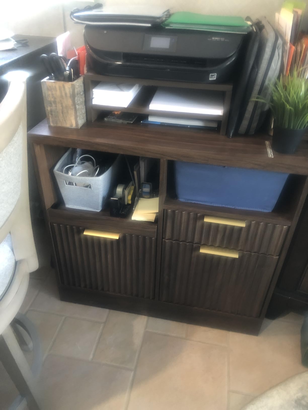 3 Drawer File Cabinet, Fluted Wood Lateral Filing Cabinet with Charging Station for Home Office, Fits for A4/Letter-Sized Files, Printer Stand with Open Storage Shelves, Black Walnut customer photo 2