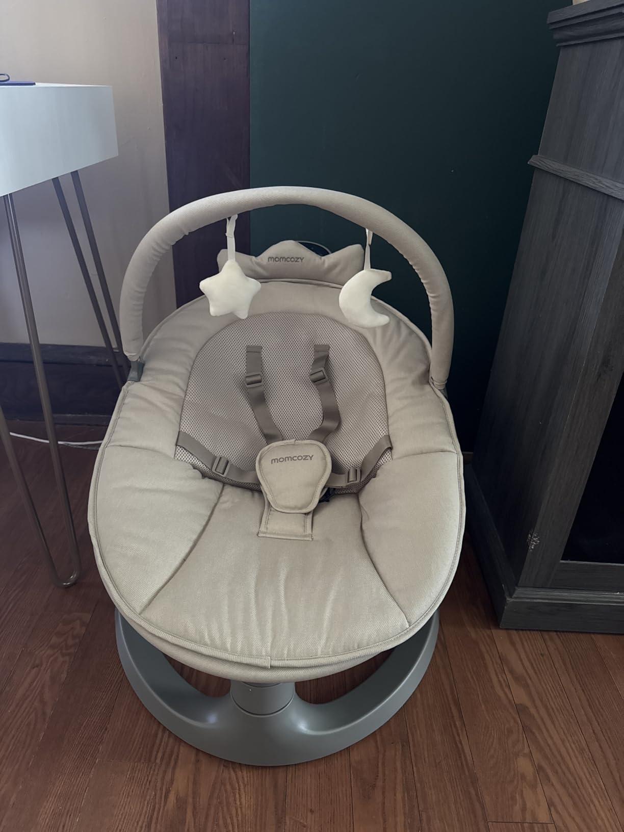 Momcozy 2-in-1 Electric Baby Swing, Dual-Arm Support System & Parent-Inspired Motions, Convertible to Toddler Seat up to 66 lbs, Adjustable Height, Lightweight, Khaki customer photo 1