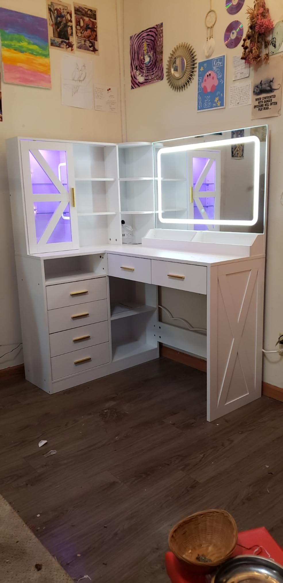L-Shaped Corner Vanity Desk with LED Lighted Mirror & Charging Station, White Makeup Vanity with 6 Drawers & Sliding RGB Cabinet, Large Farmhouse Dressing Table with Open Storage Shelves for Women customer photo 1