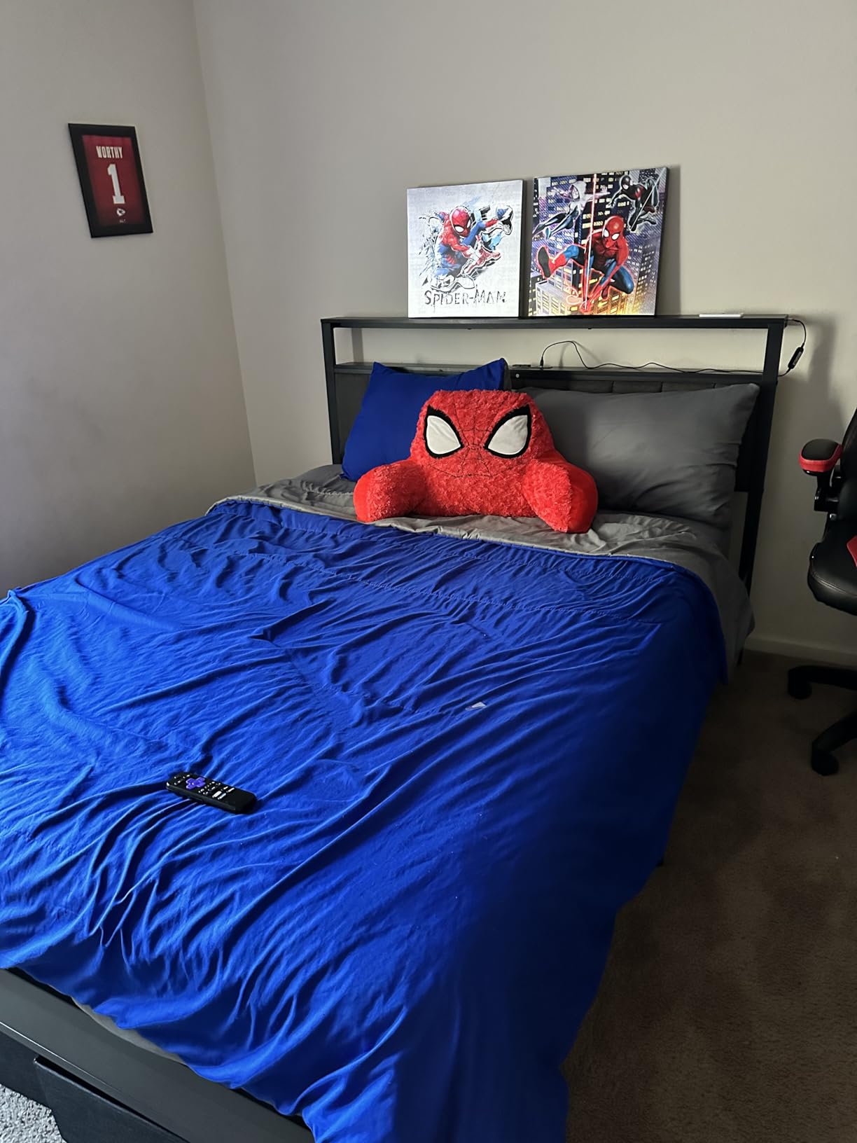 Furnulem Queen Bed Frame with Charging Station and LED Lights, Grey Upholstered Headboard with Shelves, Metal Platform Bed with 2 Under-Bed Storage (Fabric Drawer on Wheels), No Box Spring Needed customer photo 1