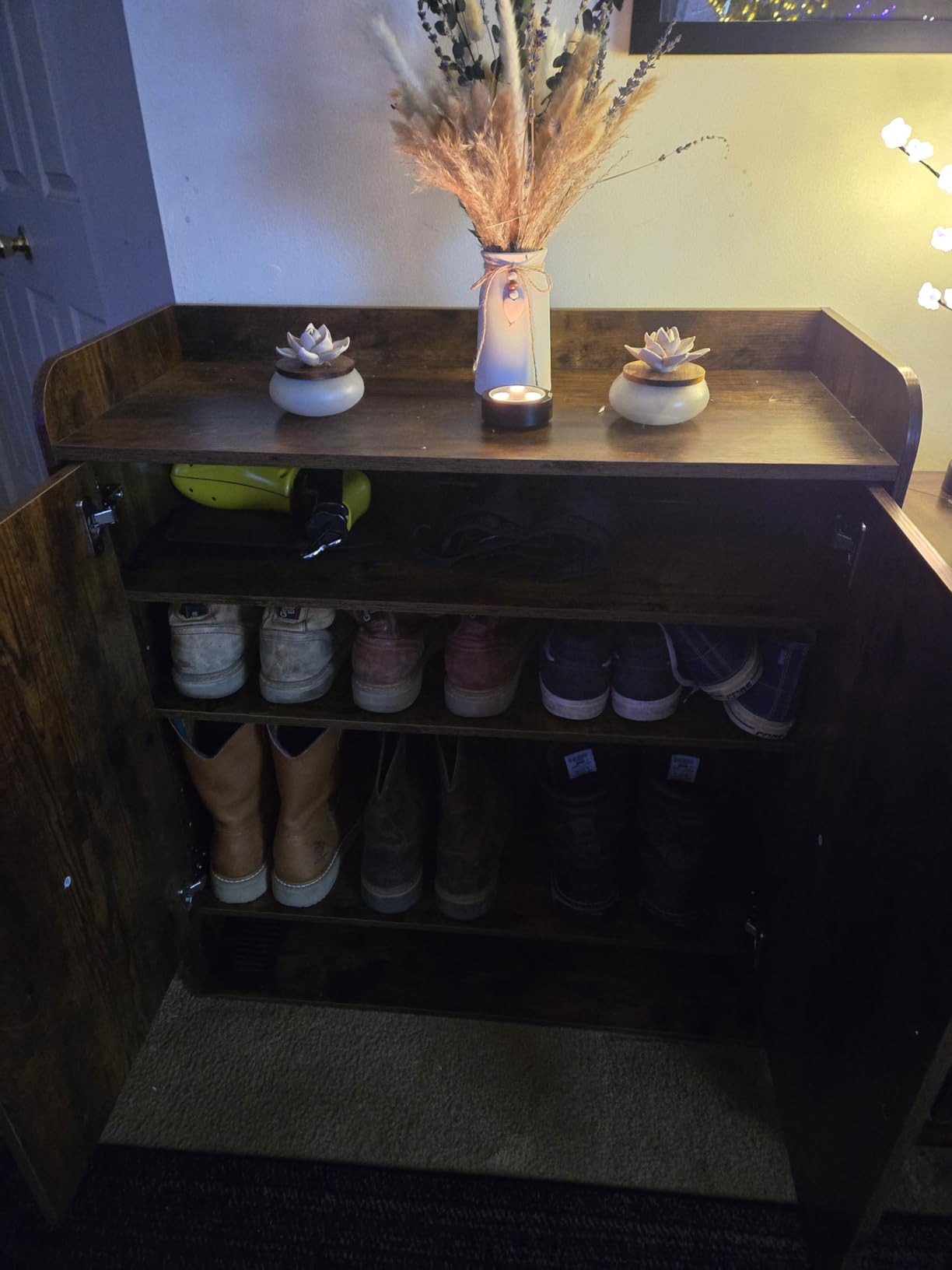 Yaheetech Shoe Storage Cabinet with Doors, Farmhouse Shoe Cabinet with 2 Adjustable Shelves and 4 Side Hooks, Wooden Shoe Rack Organizer Cabinet for Entryway, Foyer, Hallway, Rustic Brown customer photo 1