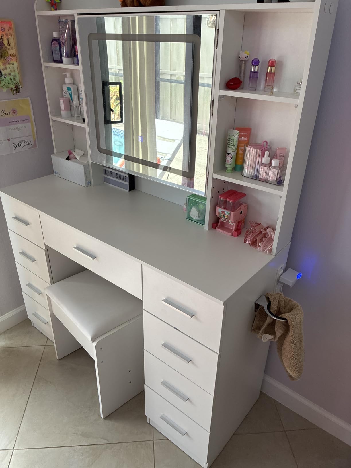 BEWISHOME Vanity Desk with Mirror and Lights, Makeup Vanity Table with Power Outlet, Stool Vanity Table with 9 Drawers 6 Storage Shelves Jewelry Storage, Dressing Table for Bedroom Girls White FST36W customer photo 2