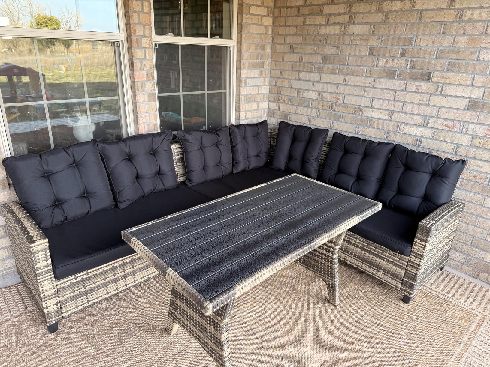 KROFEM 6-Piece Patio Furniture Set, Outdoor Sectional Sofa with Dining Table & Chairs, All-Weather Dining Set with Removable Cushion Covers, Ideal for Garden, Porch, Backyard, Black customer photo 1