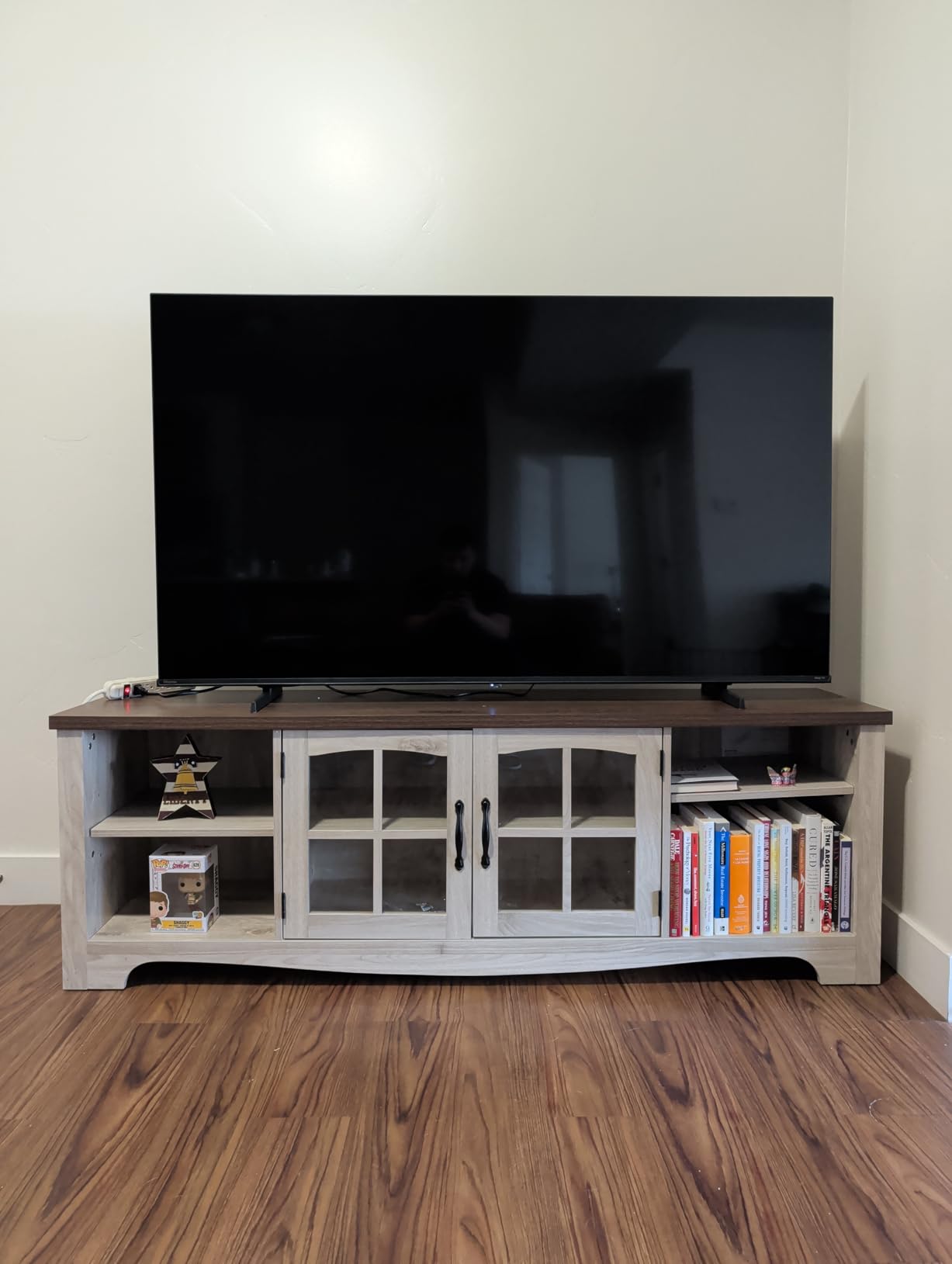 LINSY HOME TV Stand for 75 Inch TV, Modern Farmhouse Entertainment Center with Storage Cabinets and Glass Doors, Tall Media Console Table for Living Room, Bedroom, Large Long Television Stand, Beige customer photo 1
