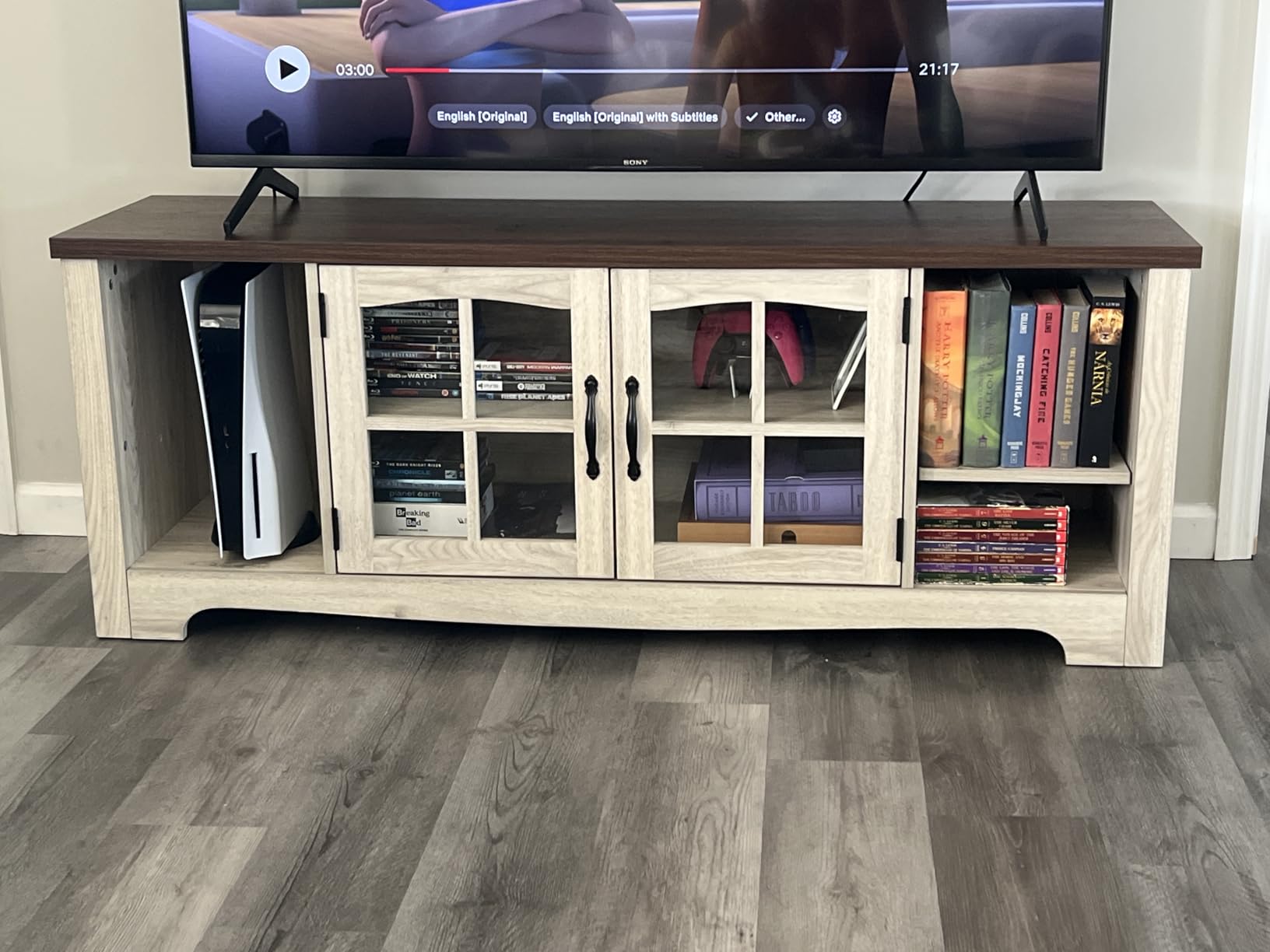 LINSY HOME TV Stand for 75 Inch TV, Modern Farmhouse Entertainment Center with Storage Cabinets and Glass Doors, Tall Media Console Table for Living Room, Bedroom, Large Long Television Stand, Beige customer photo 2