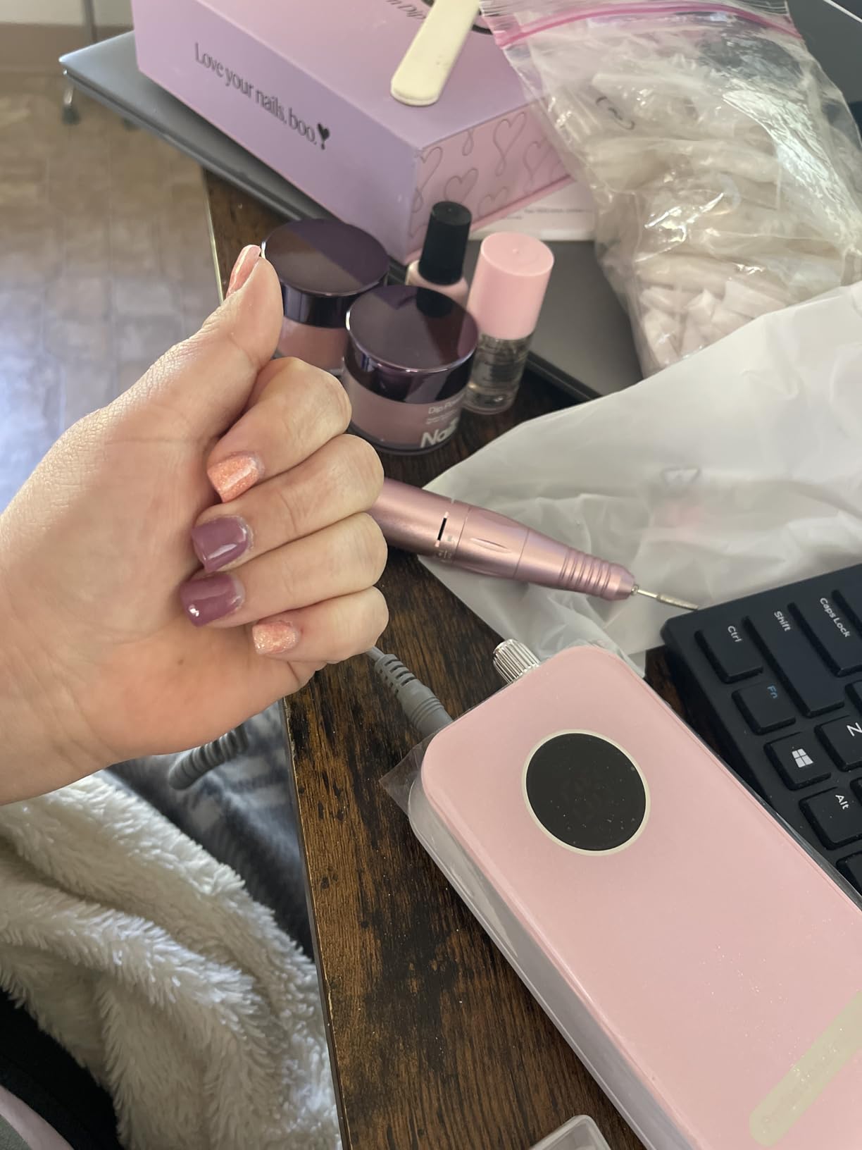 Professional Nail Drill Electric File 45000RPM, Portable Rechargeable Electric Nail File with 11 Drill Bits & 50 Sanding Bands, Low Noise Nail Drill Kit for Acrylic Gel Nails, Salon & Home Use, Pink customer photo 1