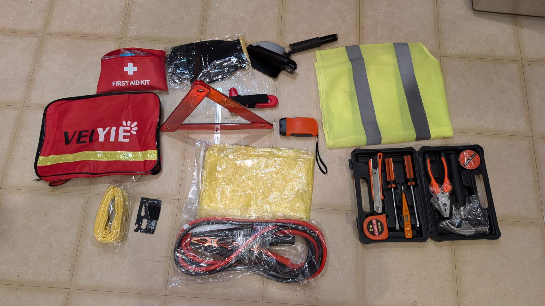 Roadside Car Emergency Kit, Winter Car Safety Kit with 10FT Jumper Cables, Tow Strap, Tool Kit, Reflective Warning Triangle, Road Trip Essentials, for New Drivers, Teens customer photo 2