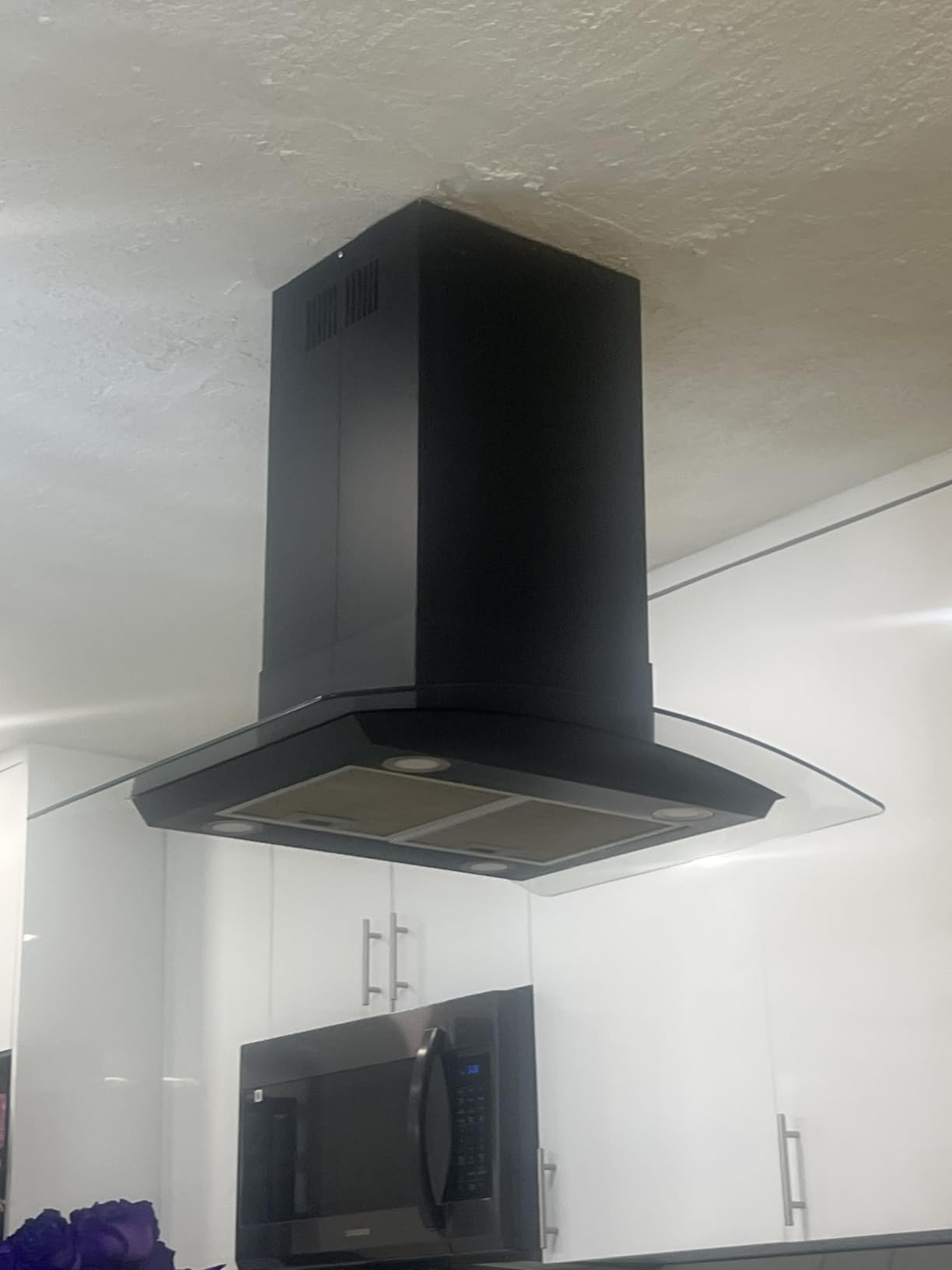 JOEAONZ Island Range Hood 36 Inch 700 CFM, Ceiling Mount Kitchen Exhaust Hood with Gesture Sensing & Color Touch Control, Tempered Glass, 3 Speed Vent Fan, 4 LED Lights, Permanent Baffle Filters customer photo 1