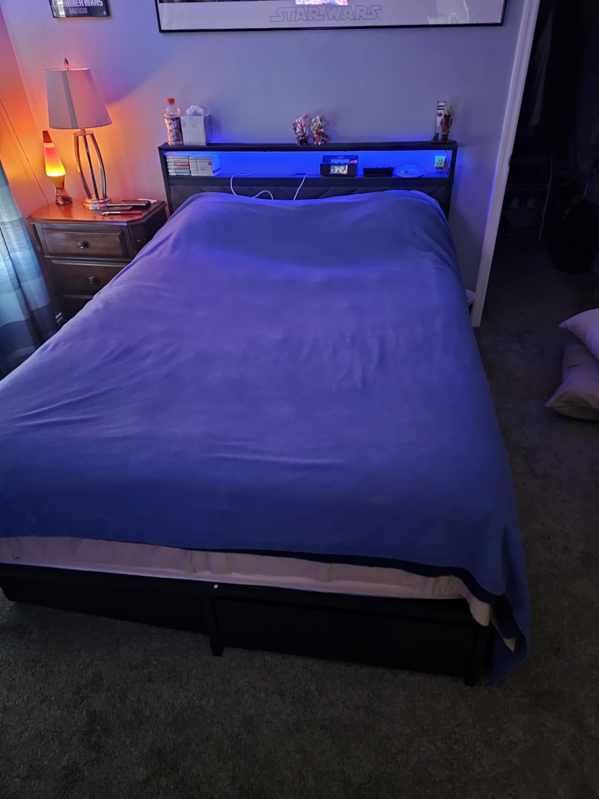 Queen Bed Frame with 2 Drawers, Upholstered Headboard with Storage and Charging Station, LED Lights, Fabric Drawers with Wheels, Under Bed Storage, No Box Spring Needed, Easy Assembly, Grey customer photo 1