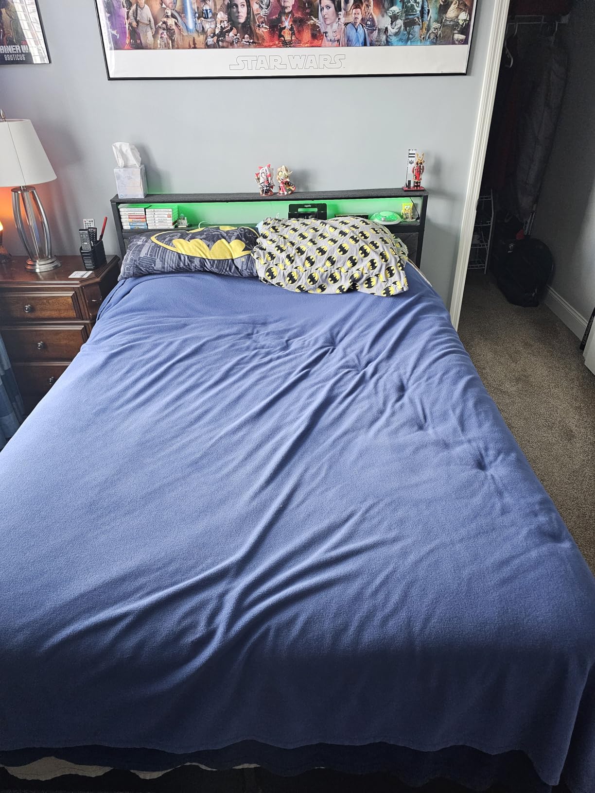 Queen Bed Frame with 2 Drawers, Upholstered Headboard with Storage and Charging Station, LED Lights, Fabric Drawers with Wheels, Under Bed Storage, No Box Spring Needed, Easy Assembly, Grey customer photo 2