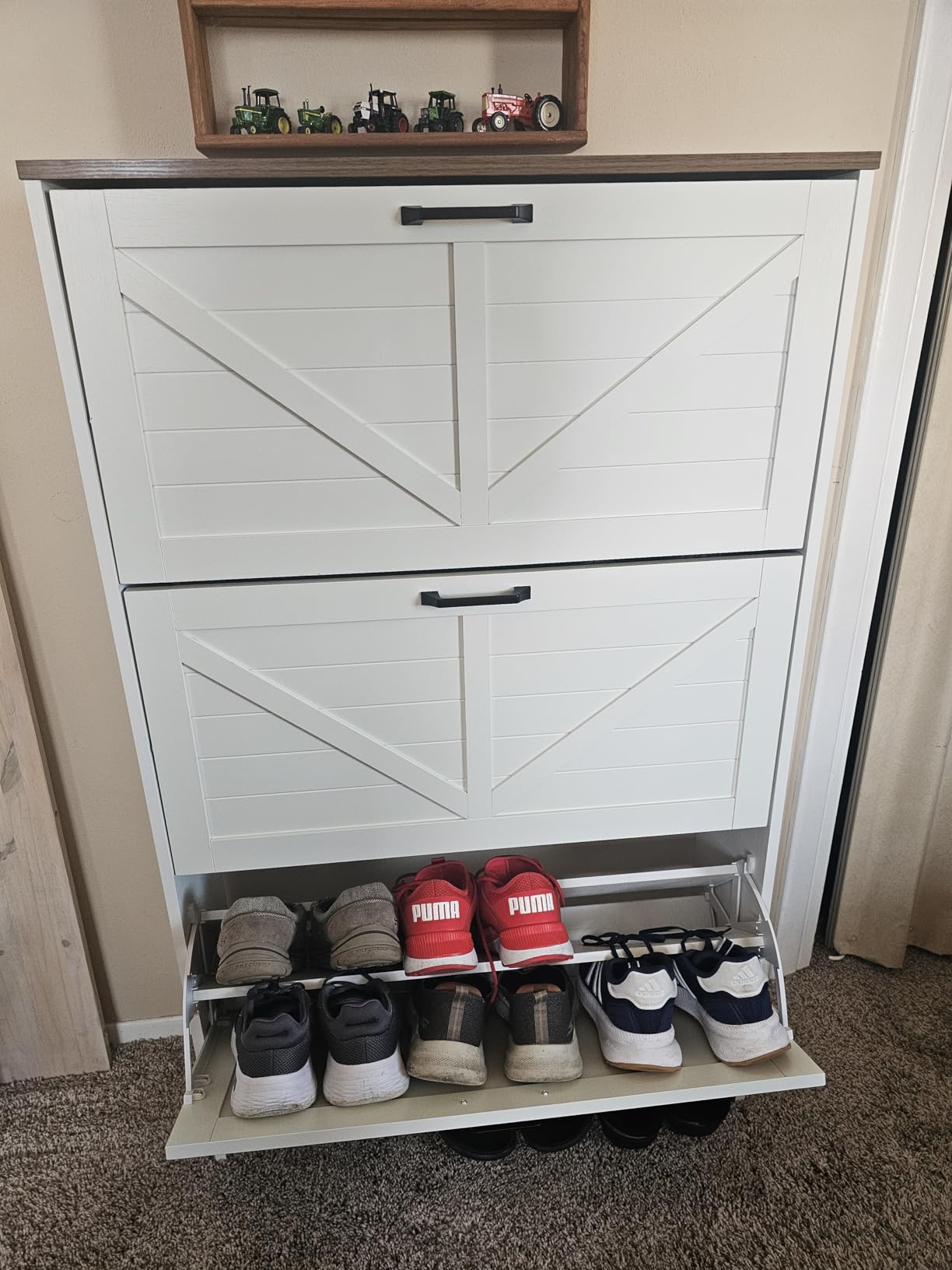 Nicetree Shaker Barn Door Shoe Storage Cabinet for Entryway, 3 Flip Drawers & 3-Tier Adjustable Shelves, Ultra Slim Freestanding, Modern Rustic Brushed White Farmhouse Shoe Rack for Hallway, Foyer customer photo 1
