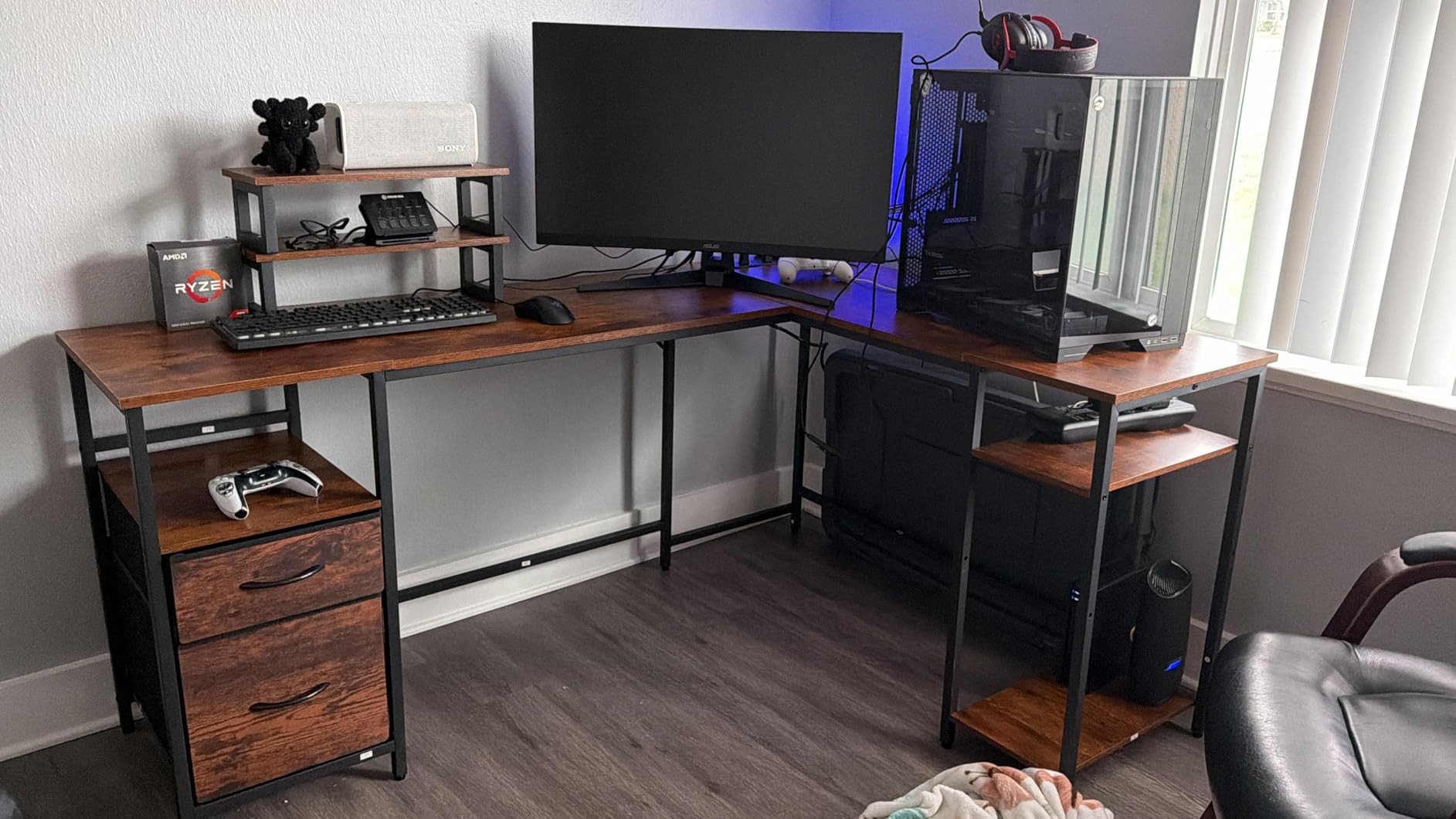 DUMOS 62 Inch L Shaped Gaming Desk with Charging Station & 2 Monitor Stands, Computer Desk with Drawer & Adjustable Storage Shelves, Large Corner Desk for Home Office, Rust Brown customer photo 1