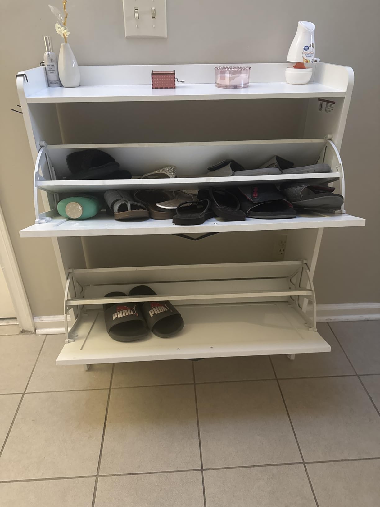GRUSIGN Shoe Cabinet, Shoe Storage Cabinet with 2 Flip Drawers & Adjustable Shelf, Space-Saving Shoe Organizer - Holds 16+ Pairs, Narrow Shoe Cabinet Storage for Entryway/Hallway(White) customer photo 1