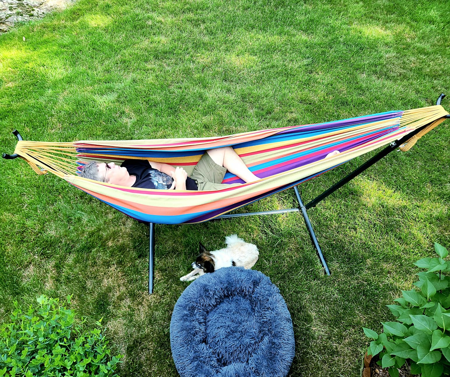 Vivere Double Cotton Hammock with Space Saving Steel Stand, Upgraded Polyester End Strings 450 lb Capacity - Premium Carry Bag Included - USA Grown Cotton (Denim) customer photo 2