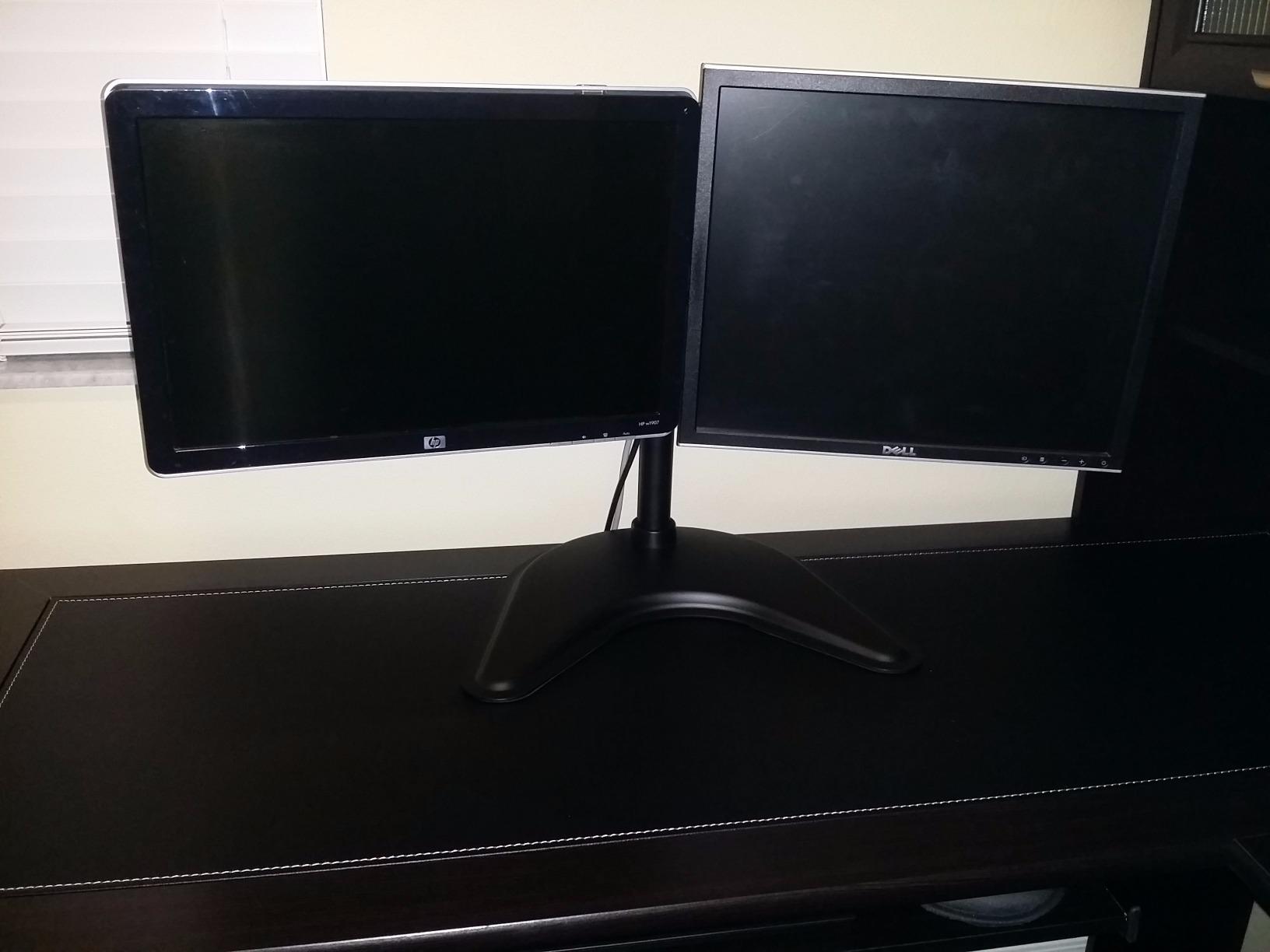 Mount-It! Free Standing Dual Monitor Stand | Double Monitor Desk Mount | Fits Two 19-27 Inch Computer Screens | 2 Heavy Duty Height Adjustable Arms | VESA Compatible 75 100 customer photo 2