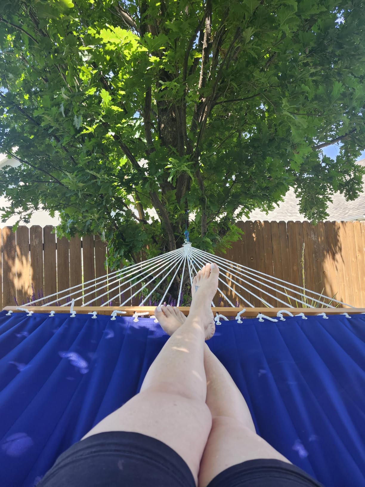 Lazy Daze Hammocks 12 FT Double Quilted Fabric Hammock with Spreader Bar and Detachable Pillow, 2 Person Hammock for Outdoor Patio Backyard Poolside, 450lbs Weight Capacity, Natural customer photo 1