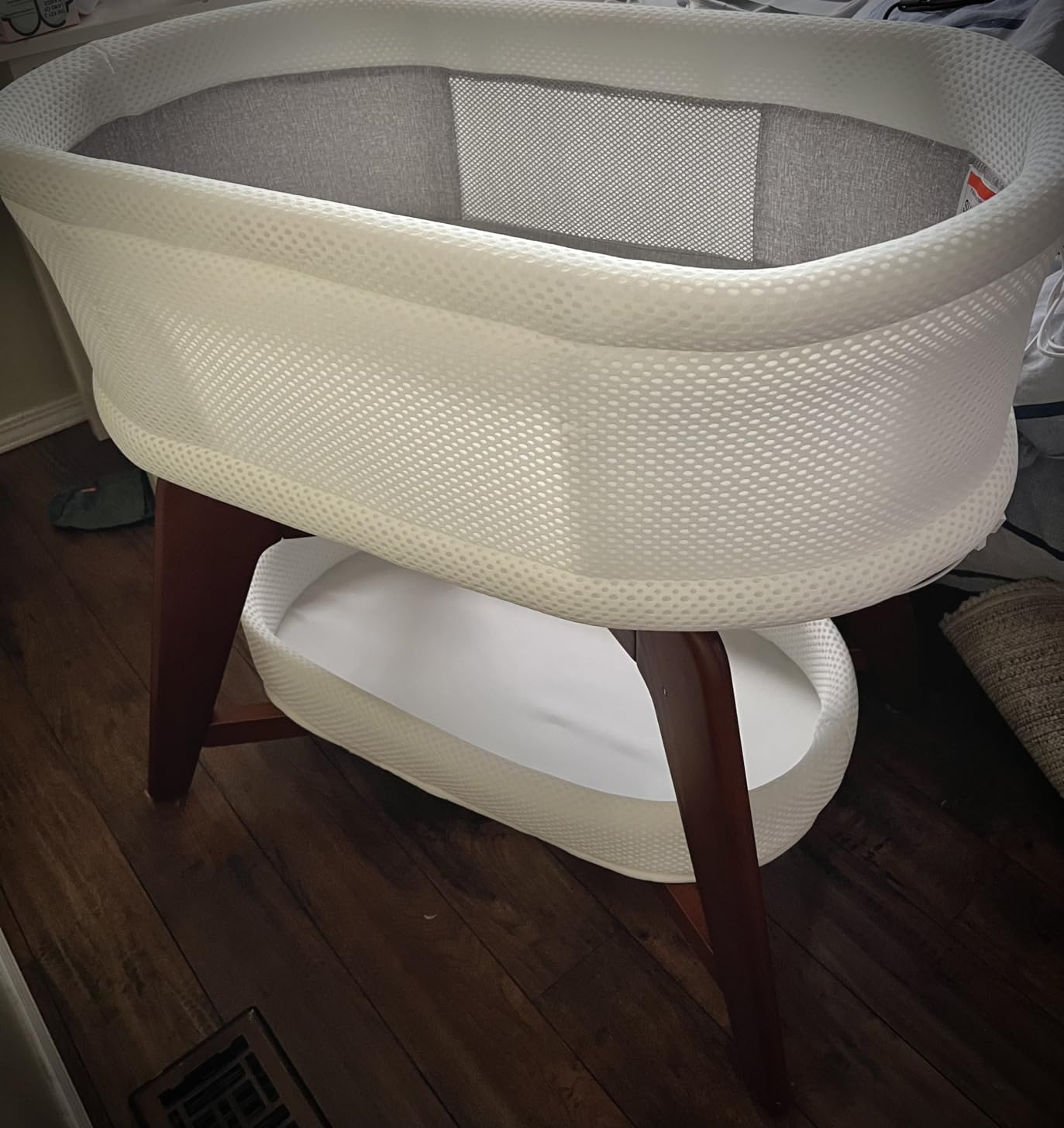 TruBliss Evi Smart Baby Bassinet Beside Sleeper with Auto-Glide, Ambient Nightlight & Sensory Sounds, Compatible with Alexa and Google Home, Includes 2 Sheets (Soft White w/Espresso Legs) customer photo 1