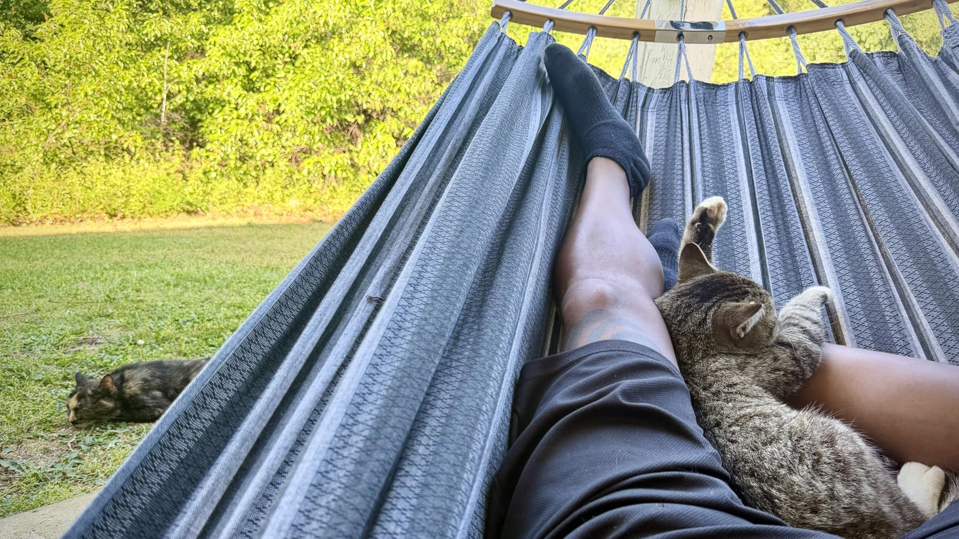 SUNCREAT Hammocks Double Hammock with Curved Spreader Bar, Outdoor Portable Hammock with Carrying Bag & Tree Straps for Bedroom, Patio, Backyard, Balcony, Max 450lbs Capacity, Blue customer photo 2