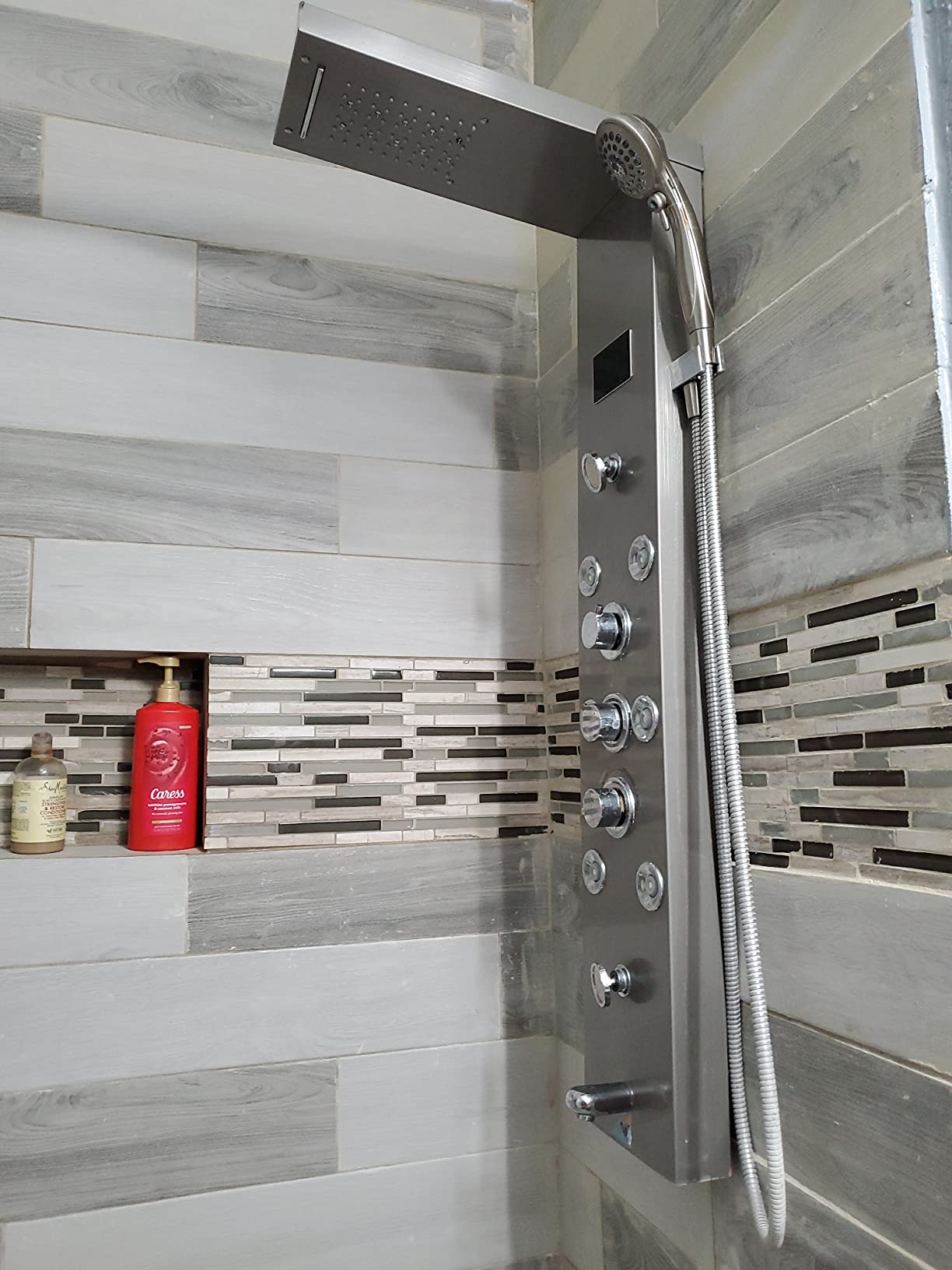 FUZ Contemporary Shower Panel Tower System Stainless Steel 6-Function Faucet LED Rainfall Waterfall Shower Head + Handheld Sprayer + Rain Massage Body Jets + Tub Spout, Black customer photo 1
