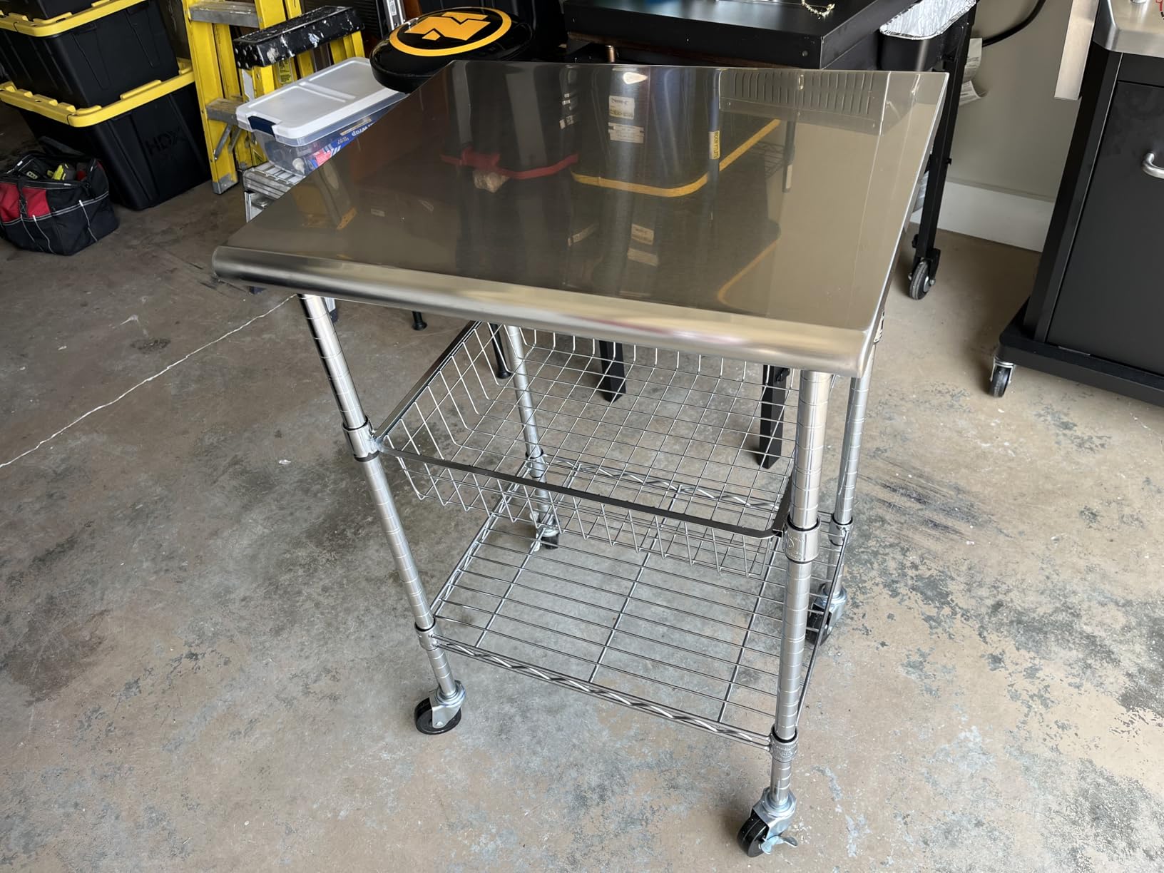 Seville Classics Commercial Work Table Island Utility Cart Prep Station, for Restaurant, Kitchen, Warehouse, Garage, Hotel, Home, Stainless-Steel, Solid Wood Top, 48