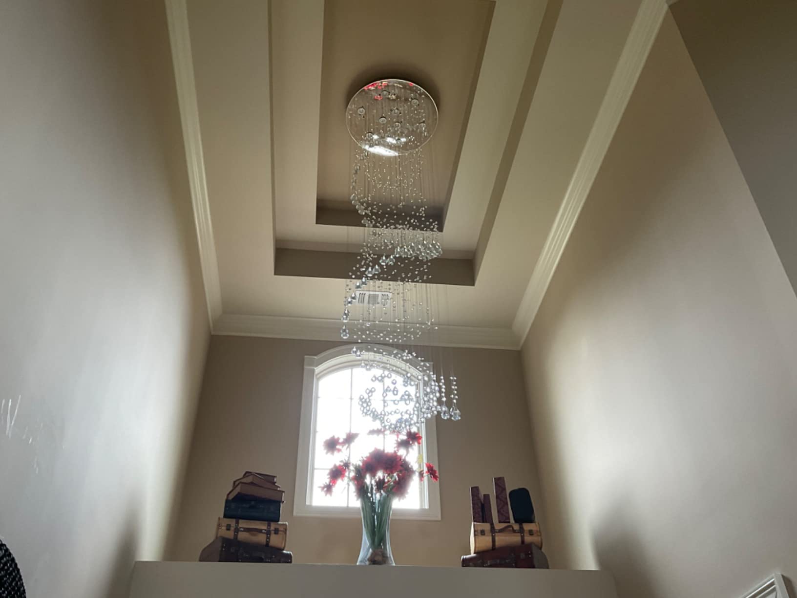 7PM Chandelier for Staircase, Crystal Foyer Chandelier High Ceiling, Modern Raindrop Chandeliers Flush Mount Ceiling Light Fixture for Spiral Staircase, Foyer, Entryway, High Ceiling W25.6 X H 98.4