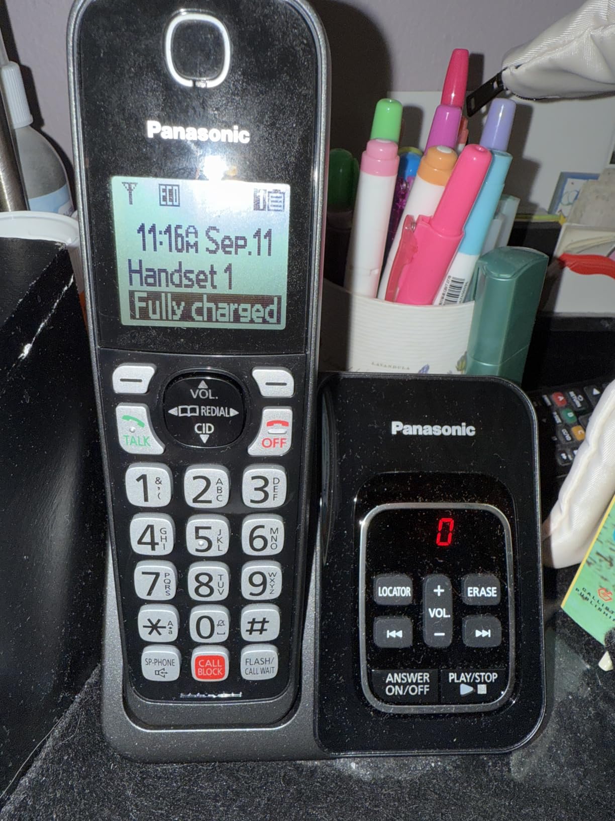 Panasonic Cordless Phone with Answering Machine, Advanced Call Block, Bilingual Caller ID and High-Contrast Display, Expandable System with 3 Handset Cordless Telephones - KX-TGD833M (Metallic Black) customer photo 2