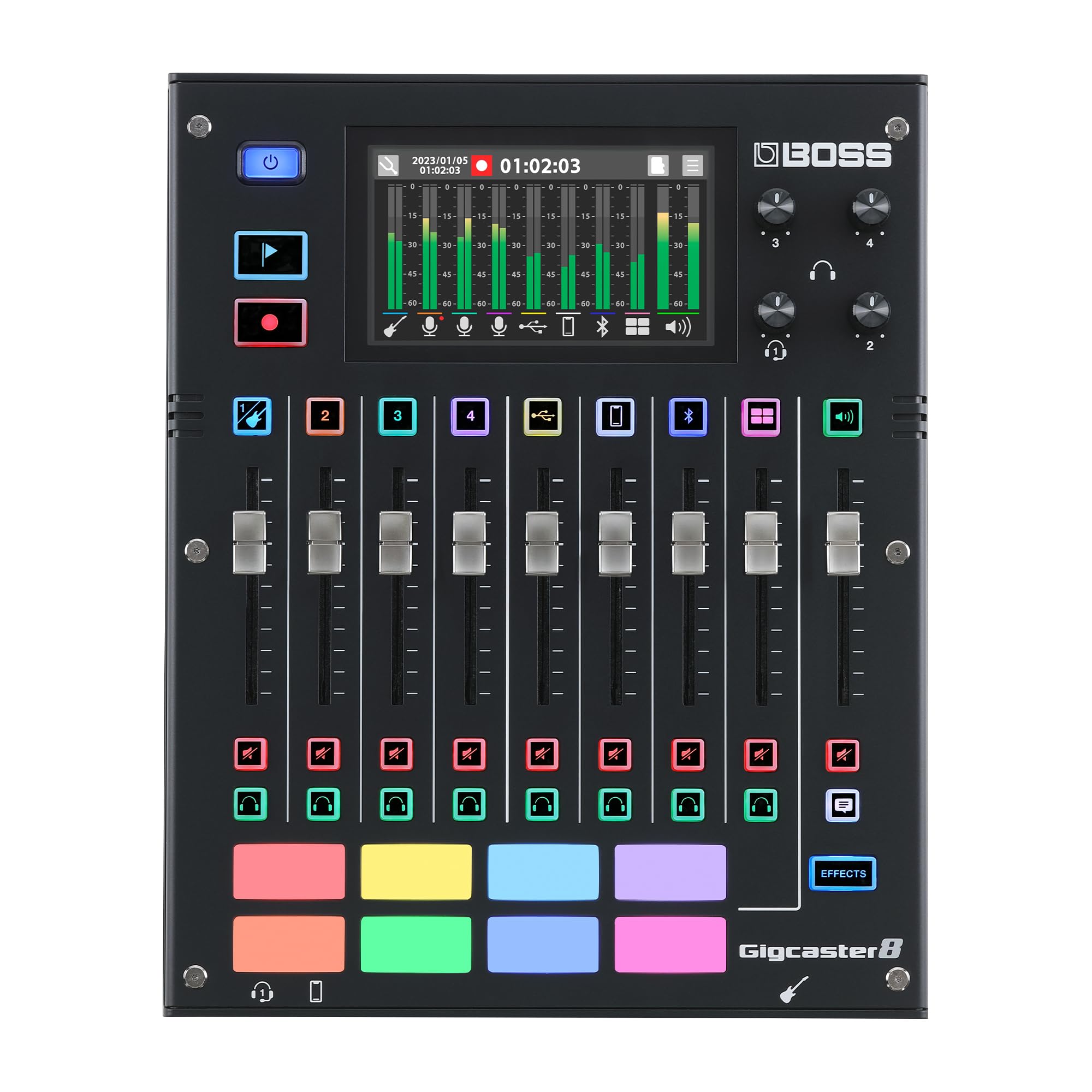 Boss Gigcaster 8 | 8-Channel Audio Streaming Mixer with Direct Guitar/Bass Input | 4 XLR/TRS Combo Inputs | Built-In Stereo Mic | 8 SFX Pads | 20x14 USB Audio Interface | Onboard Recording customer photo 1