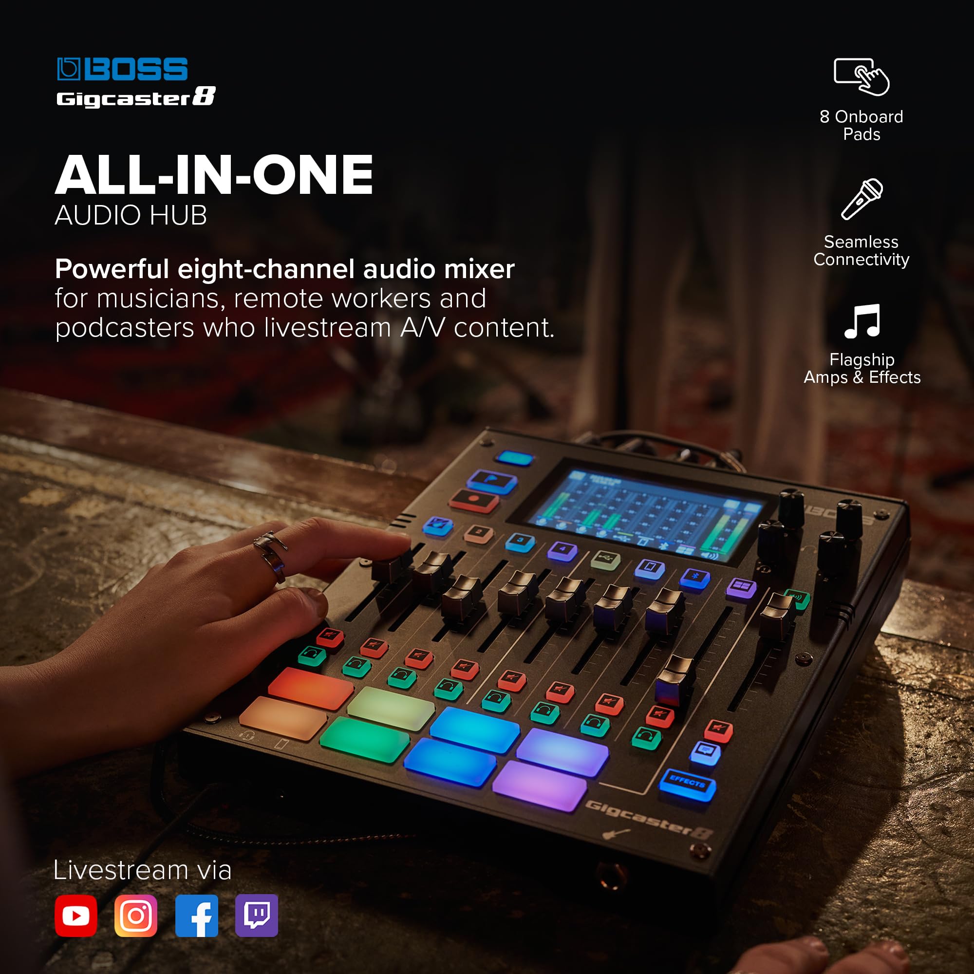 Boss Gigcaster 8 | 8-Channel Audio Streaming Mixer with Direct Guitar/Bass Input | 4 XLR/TRS Combo Inputs | Built-In Stereo Mic | 8 SFX Pads | 20x14 USB Audio Interface | Onboard Recording customer photo 2