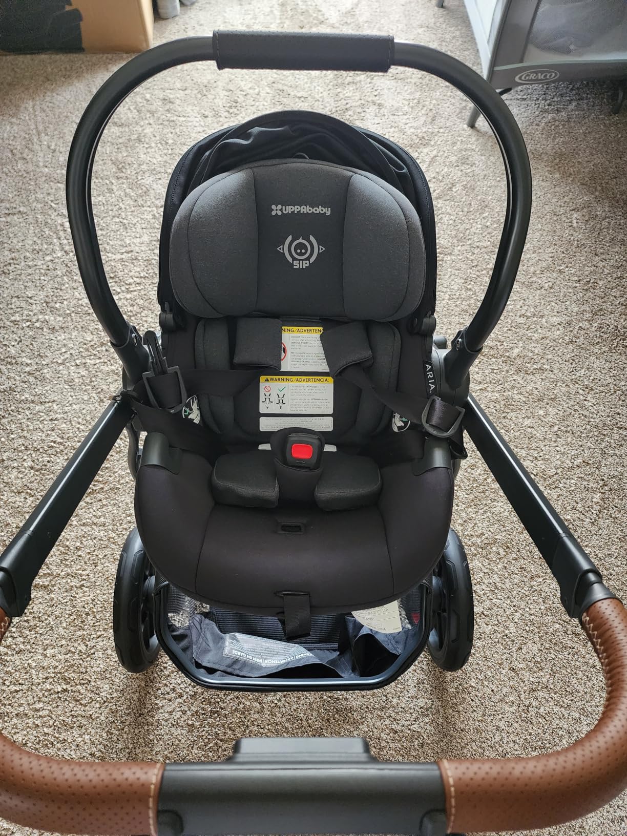 UPPAbaby Aria Lightweight Infant Car Seat/Just Under 6 lbs for Easy Portability/Base with Load Leg + Infant Insert Included/Direct Stroller Attachment/Greyson (Charcoal Melange/Saddle Leather) customer photo 2