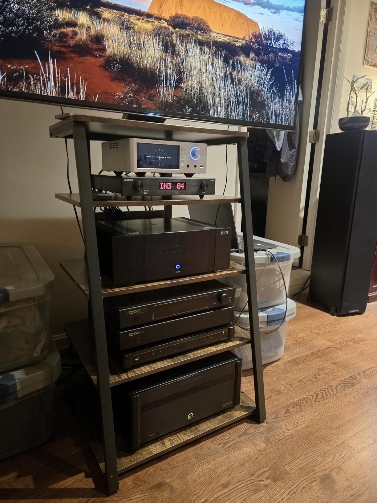 Armocity 5-Tier AV Media Stand with Power Strips, Media Console with LED Lights, Audio Tower Rack with Adjustable Shelves, Stereo Stands and Racks, 40.8'', Black Ebony customer photo 1