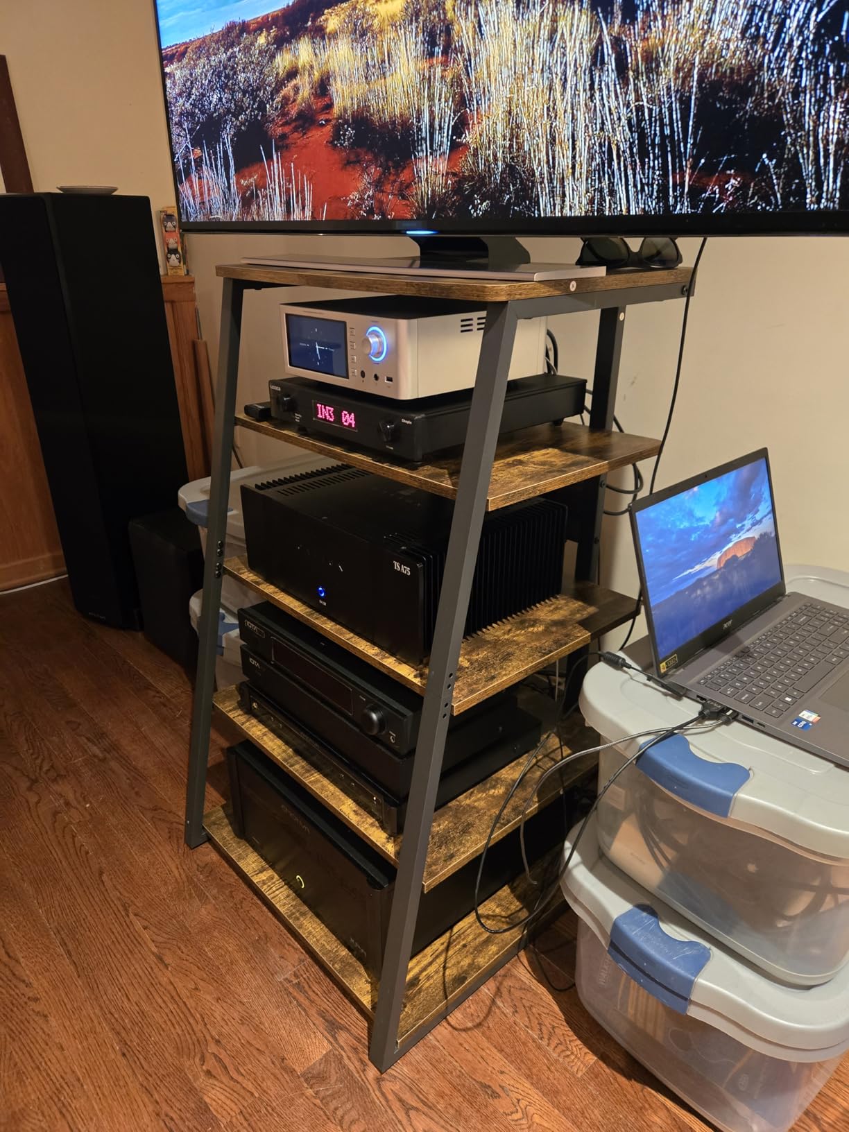 Armocity 5-Tier AV Media Stand with Power Strips, Media Console with LED Lights, Audio Tower Rack with Adjustable Shelves, Stereo Stands and Racks, 40.8'', Black Ebony customer photo 2