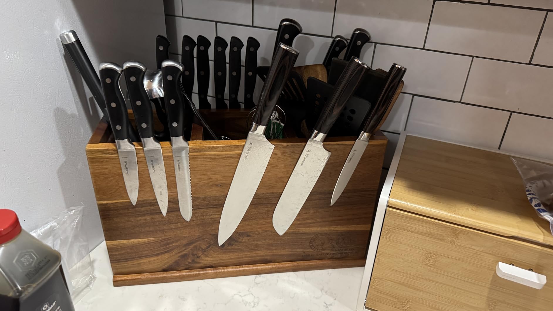 XYJ Magnetic Knife Block Holder,Double Side Magnetic Knife Stand,Acacia Wood,Extra Large Capacity Magnet Knife Storage for Knives and Utensils,Kitchen Organizer Rack Tool Without Knives customer photo 2