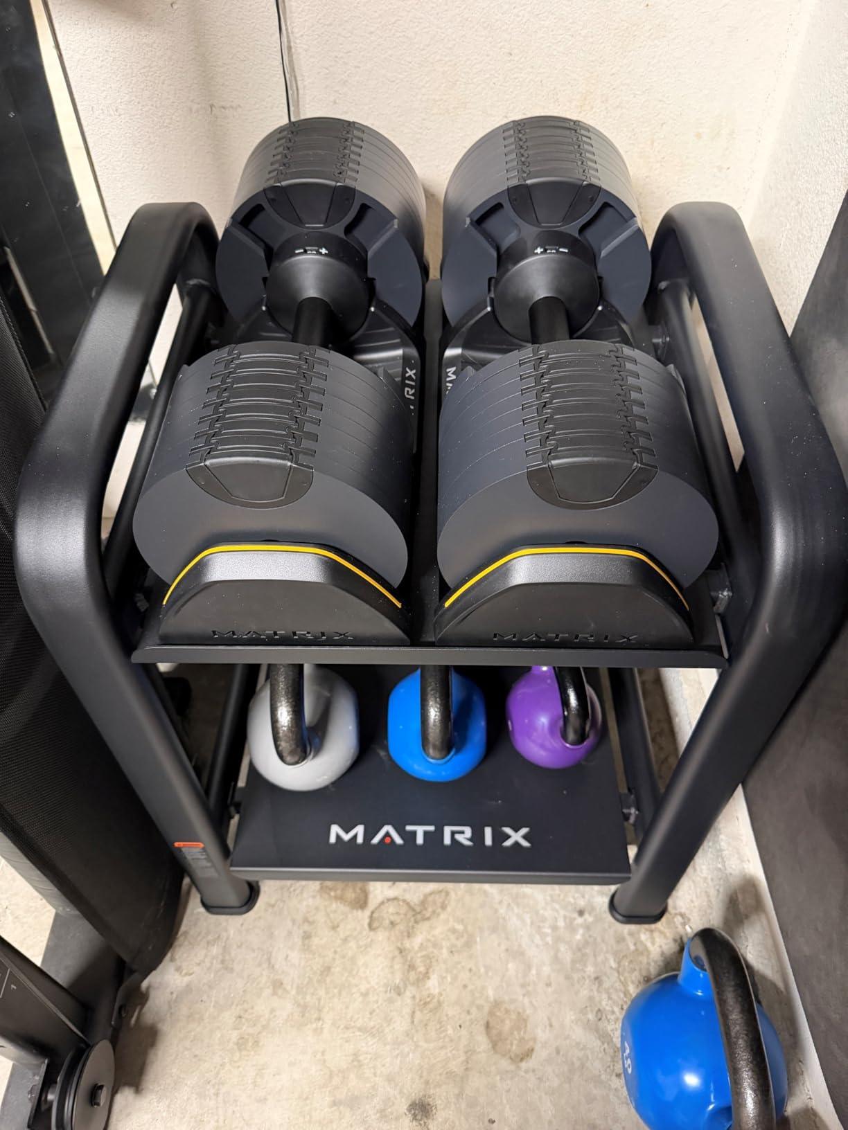 Matrix Fitness DB80 80 lb. Adjustable Dumbbells | Quick Adjustments for Strength and HIIT Training | Replaces 16 Dumbbell Pairs, Flat Bottom Roll Free Design for Safe Storage customer photo 1