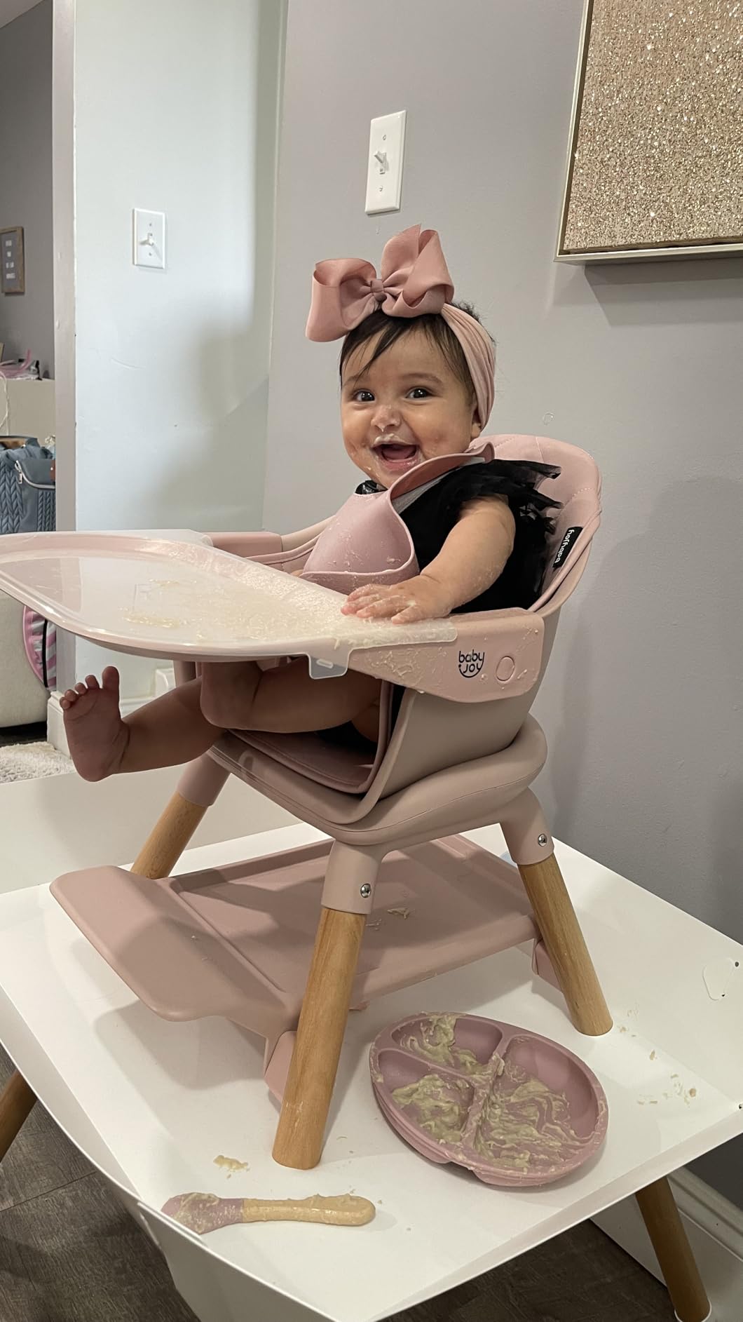BABY JOY High Chair, 6 in 1 Convertible Wooden Highchair for Babies & Toddlers with Adjustable Legs, Double Removable Tray, Safety Harness & Waterproof PU Cushion (Beige) customer photo 1