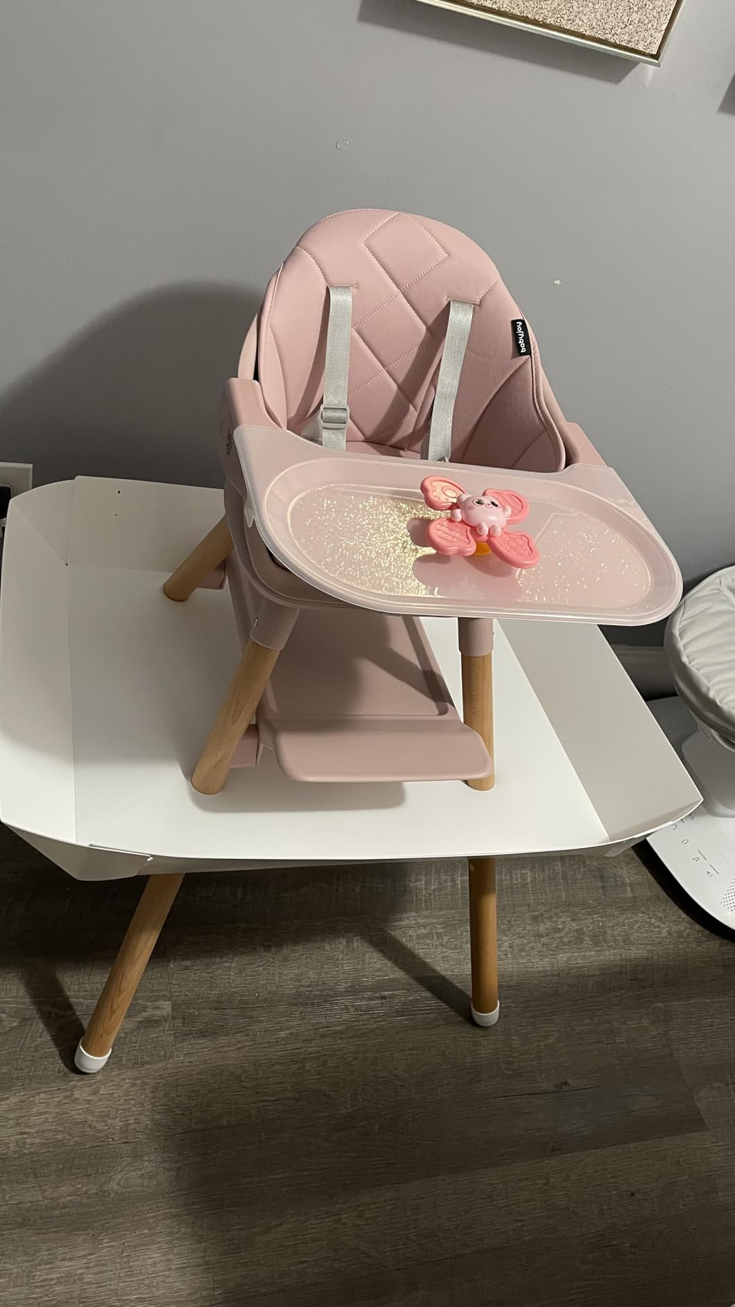BABY JOY High Chair, 6 in 1 Convertible Wooden Highchair for Babies & Toddlers with Adjustable Legs, Double Removable Tray, Safety Harness & Waterproof PU Cushion (Beige) customer photo 2