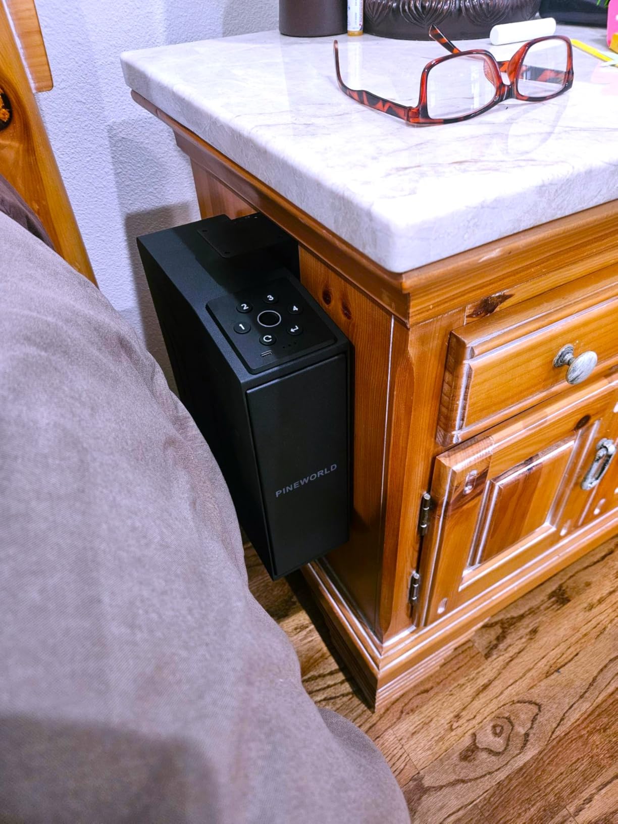 PINEWORLD Slider Biometric Handgun Safe with Auto Sliding Door & Interior Light, Bedside Pistol Safe with Quick Fingerprint/Passcode/Key Access, Nightstand Handgun Case, Mounted Lock Box for Desk, Truck customer photo 1