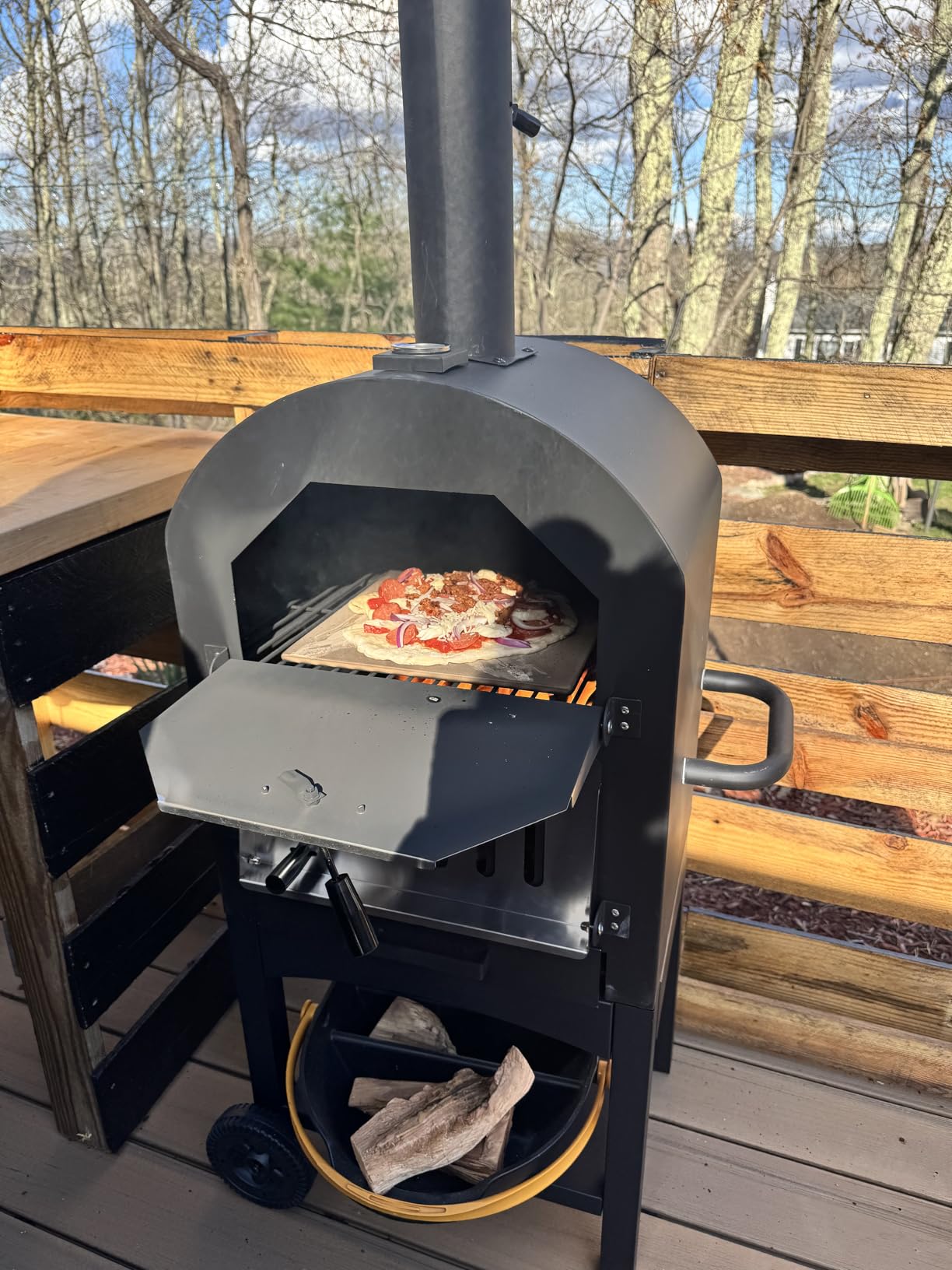 HAPPYGRILL Outdoor Wood Fired Pizza Oven w/Firewood Storage, Side Shelves, Patio Pizza Maker wi/Pizza Stone & Peel, 2 Cooking Grills & Thermometer, Portable Pizza Stove for Backyard Party Camping customer photo 2