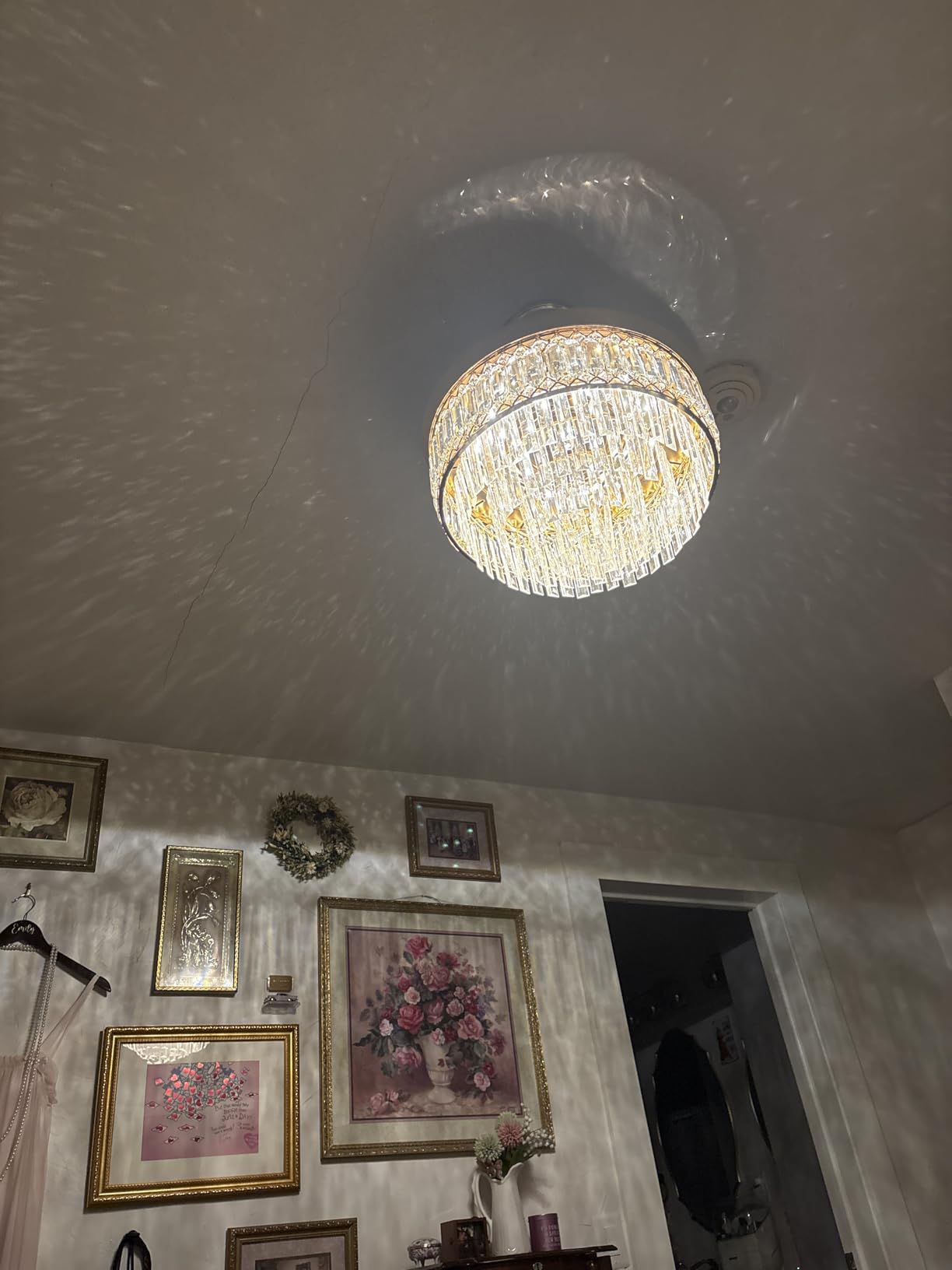 Retractable Crystal Ceiling Fan with Lights, Bluetooth Ceiling Fan with Speaker, 6-Speed Reversible Blades, RGB-LED Light, Remote & APP Control Crystal Chandelier for Bedroom Living Room 42