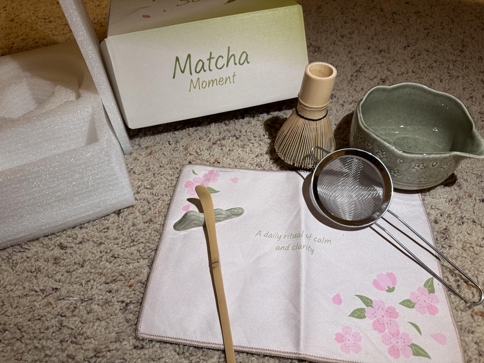 ALBISS Matcha Whisk Set - 7 Pcs Ceramic Matcha Kit with 18oz Spout Bowl & Cherry Blossom Design, Bamboo Whisk & Holder, Scoop, Rest, Sifter, Towel, Elegant Japanese Tea Gift Set for Macha Lover, Green customer photo 1