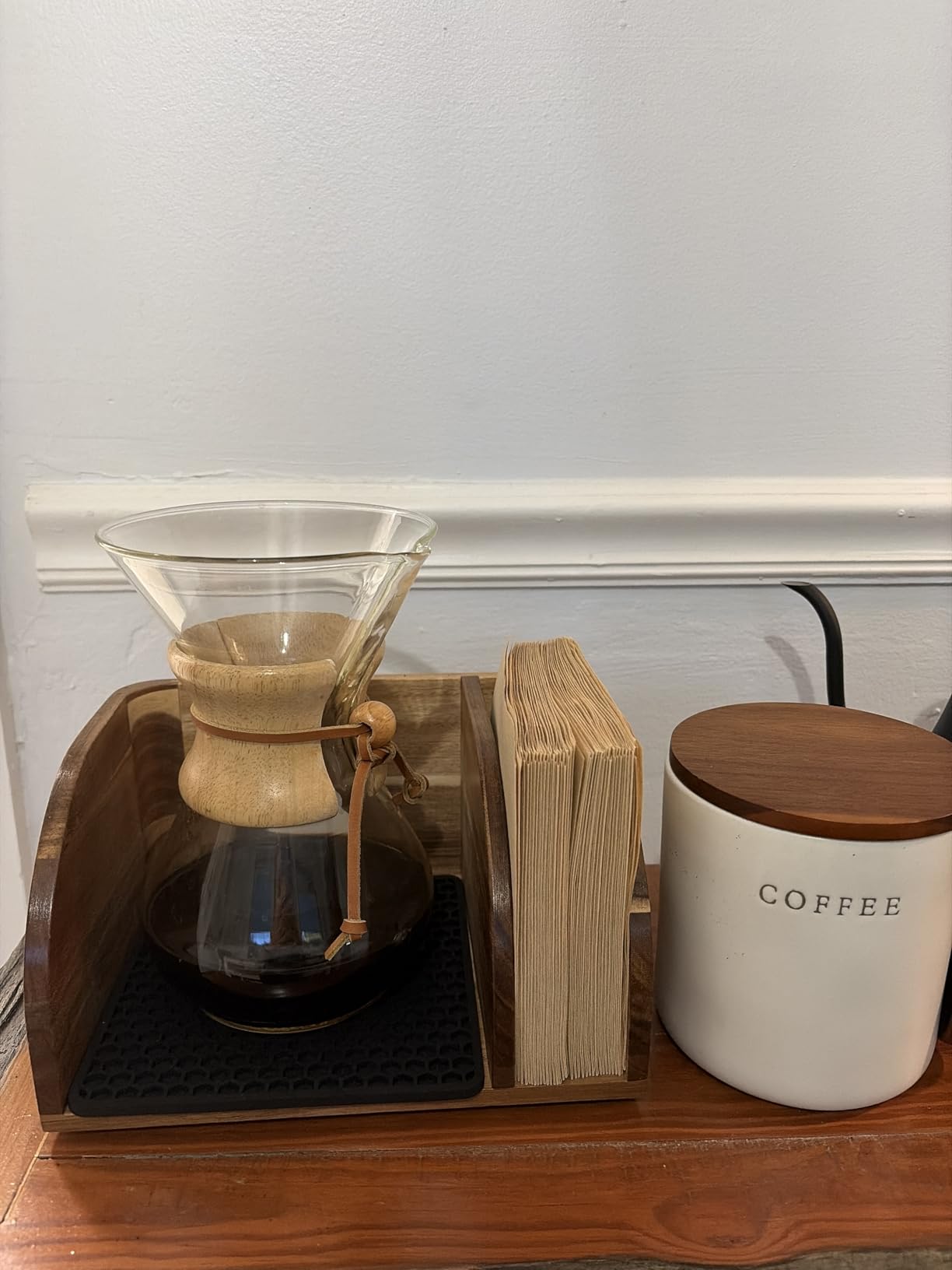 MAVOTER Acacia Coffee Bar Station Organizer Stand for Pour Over Maker, Coffee Filter Holder for Countertop, Wooden Caddy Storage Organizers with Heatproof Mat (17.8*7*5.1 inch) customer photo 1
