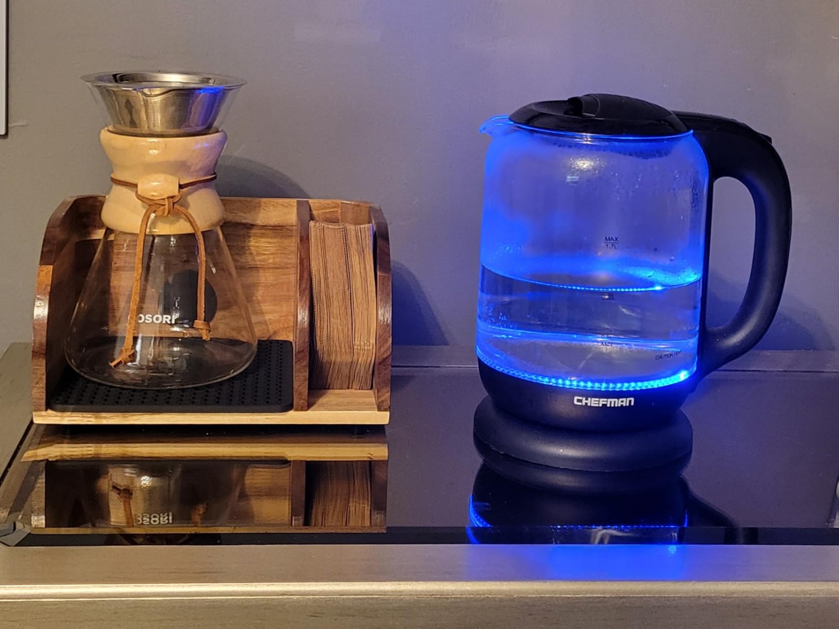 MAVOTER Acacia Coffee Bar Station Organizer Stand for Pour Over Maker, Coffee Filter Holder for Countertop, Wooden Caddy Storage Organizers with Heatproof Mat (17.8*7*5.1 inch) customer photo 2
