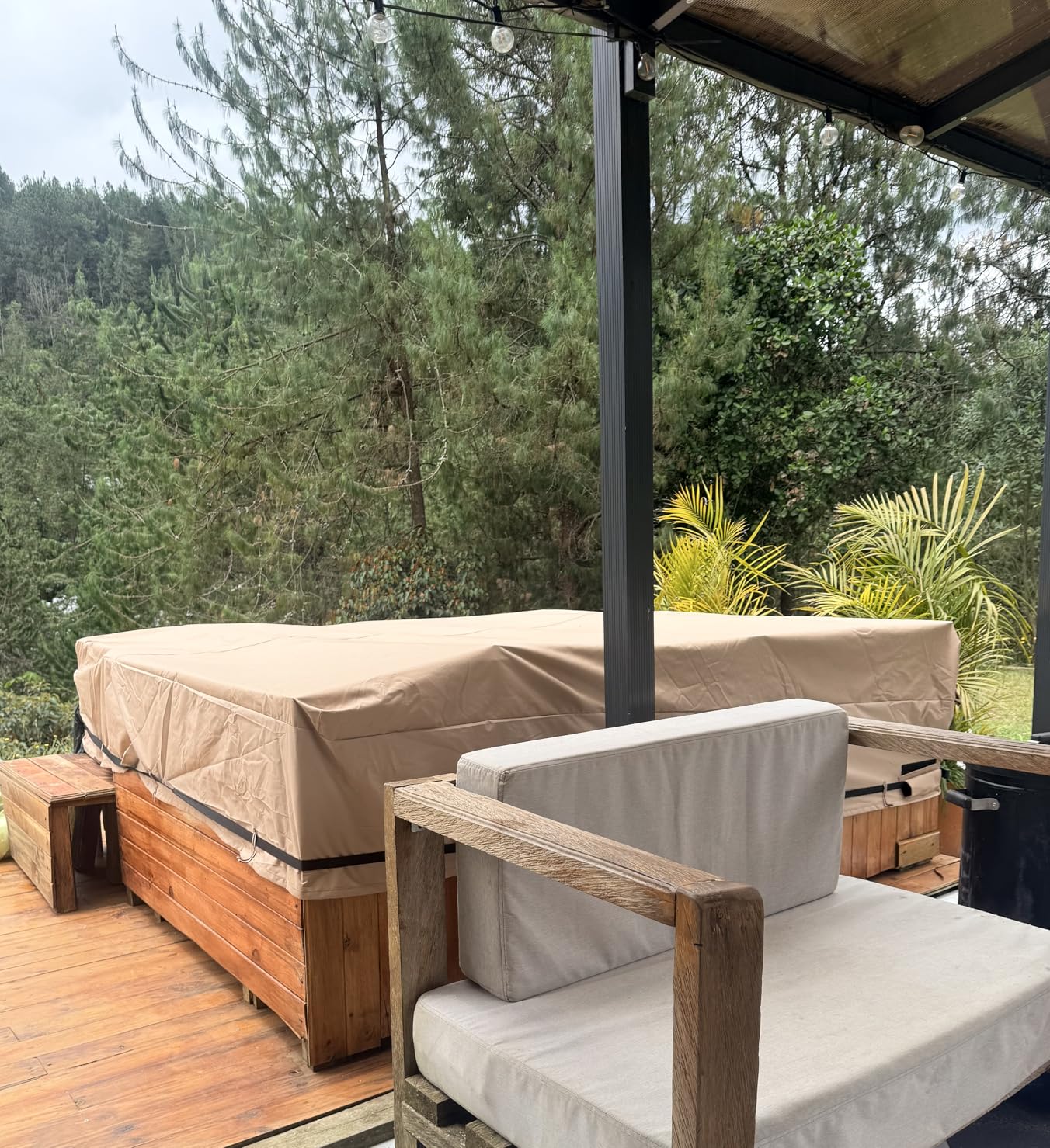 Qh.home IP65 Waterproof Hot Tub Cover, Wind & UV Resistant 600D Polyester 85x67 Spa Cover for Hot Tub, with Ratchet Strap System, Fits 84 x 66, 84 x 65,84x64,83x65,82 x 64 Rectangle SPA,Wheat customer photo 1
